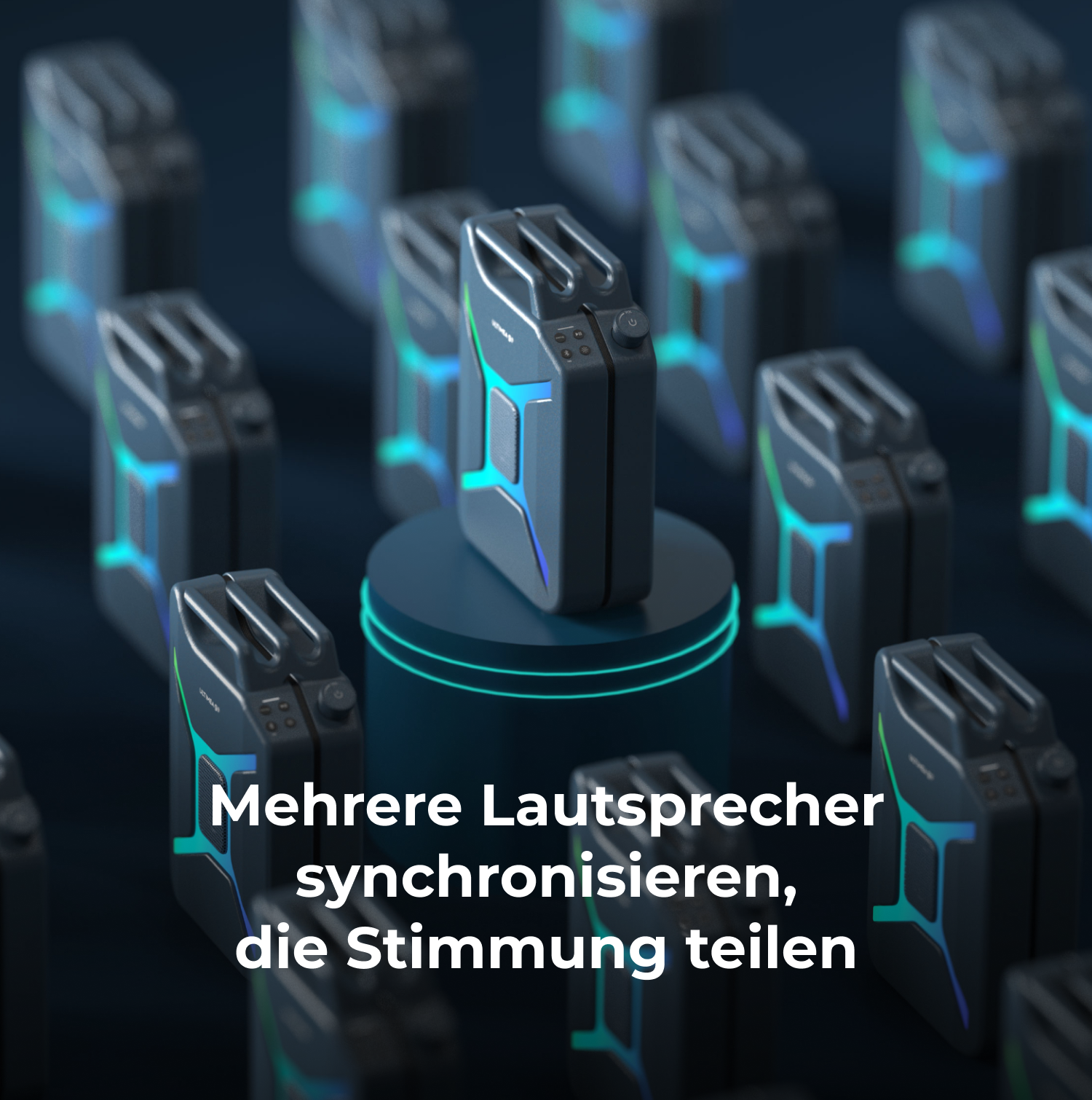 Mehrere futuristische Lautsprecher sind auf einer dunklen Oberfläche angeordnet. Einer steht auf einem Sockel. Text: 'Synchronisiere Lautsprecher'.