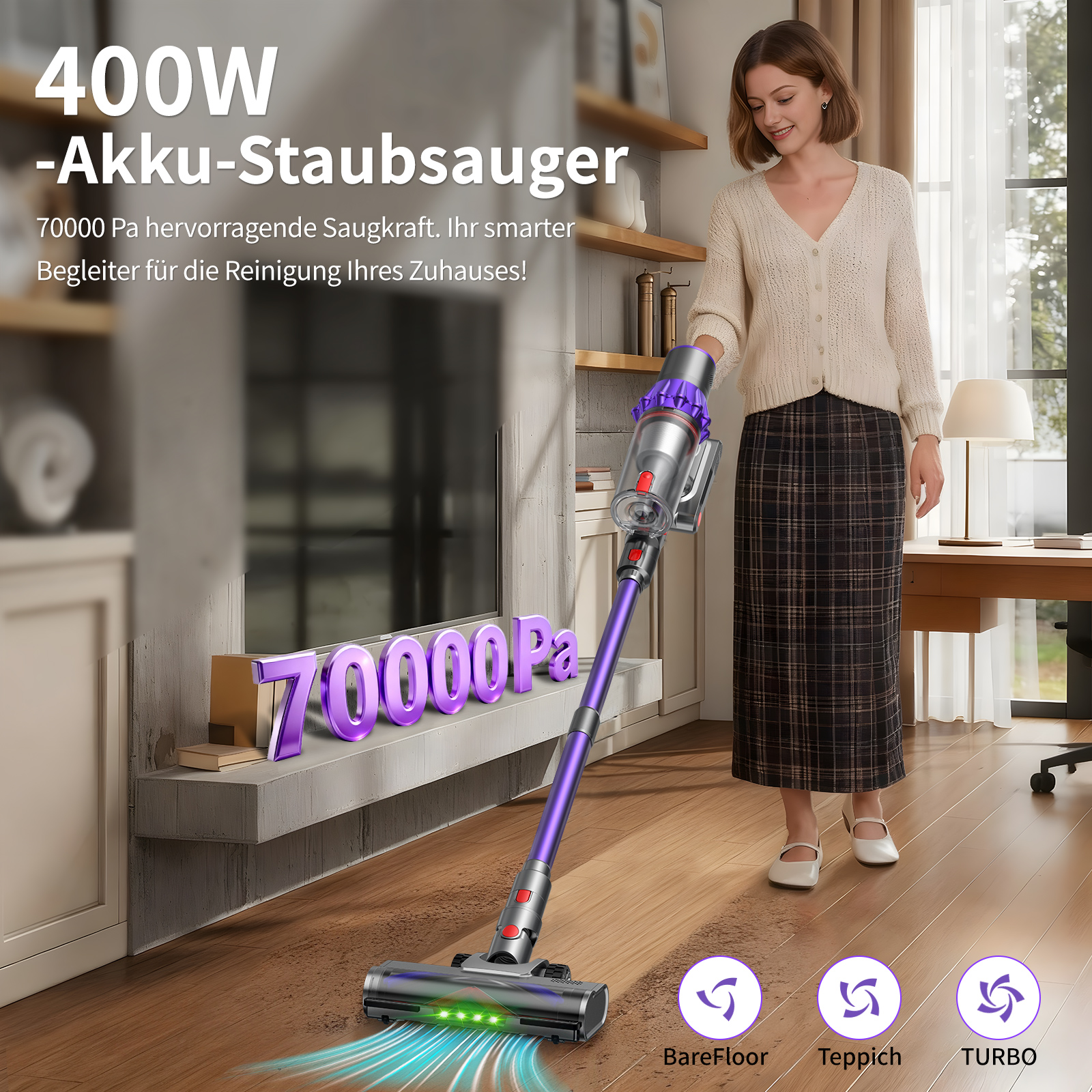 Eine Frau benutzt einen violett-grauen kabellosen Staubsauger. Text: 400W, 70000 Pa, BareFloor, Teppich, TURBO.