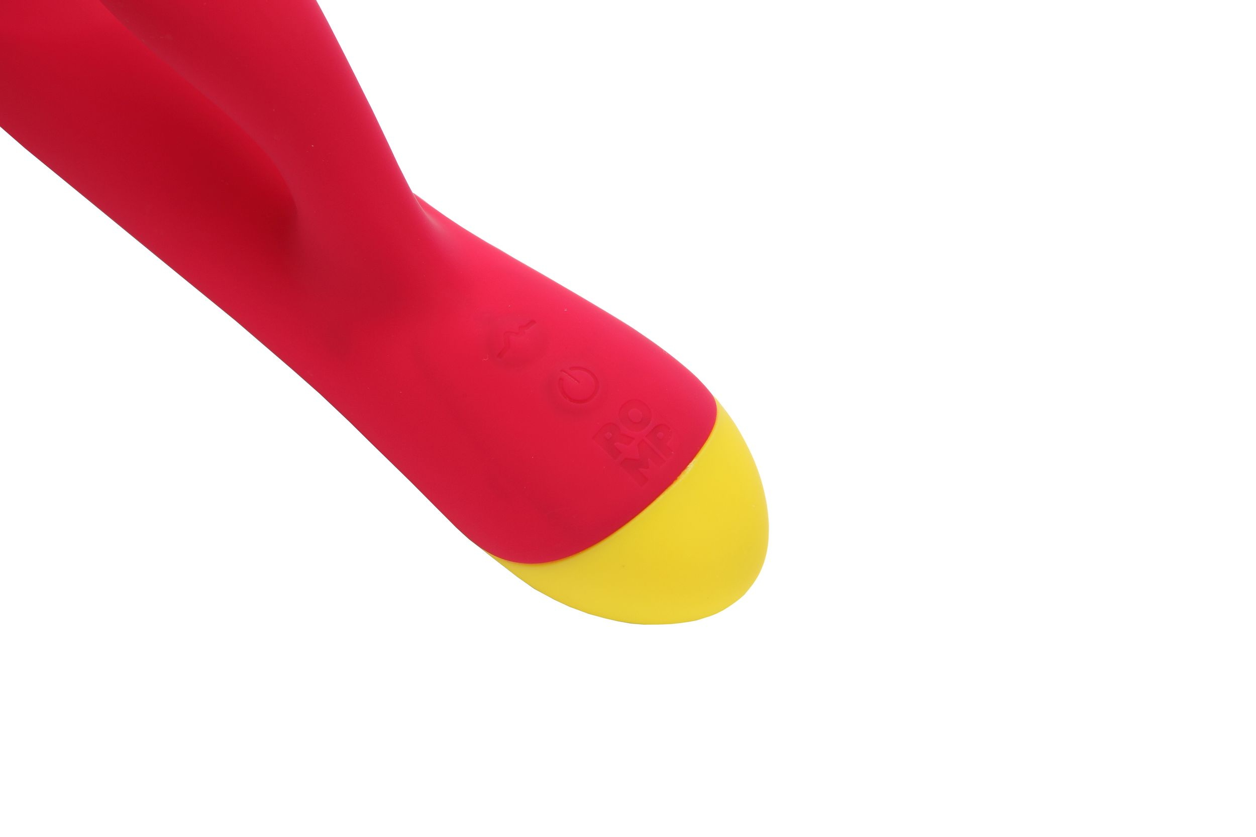 Czerwona i żółta zabawka erotyczna na białym tle. Zabawka ma przyciski. Końcówka jest żółta.