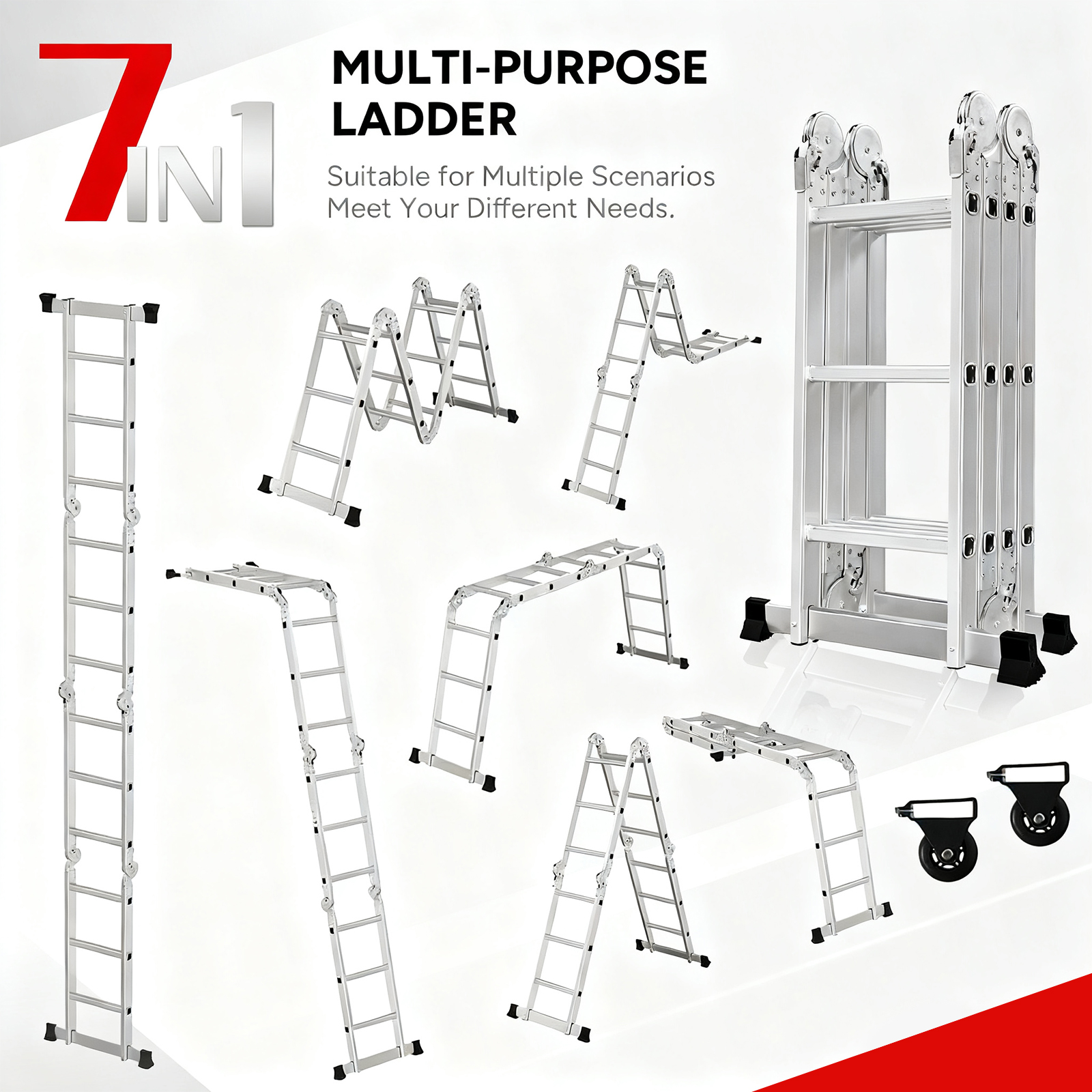 Afbeelding toont een multifunctionele ladder in verschillende configuraties. De ladder is zilver en zwart, met meerdere mogelijke opstellingen.