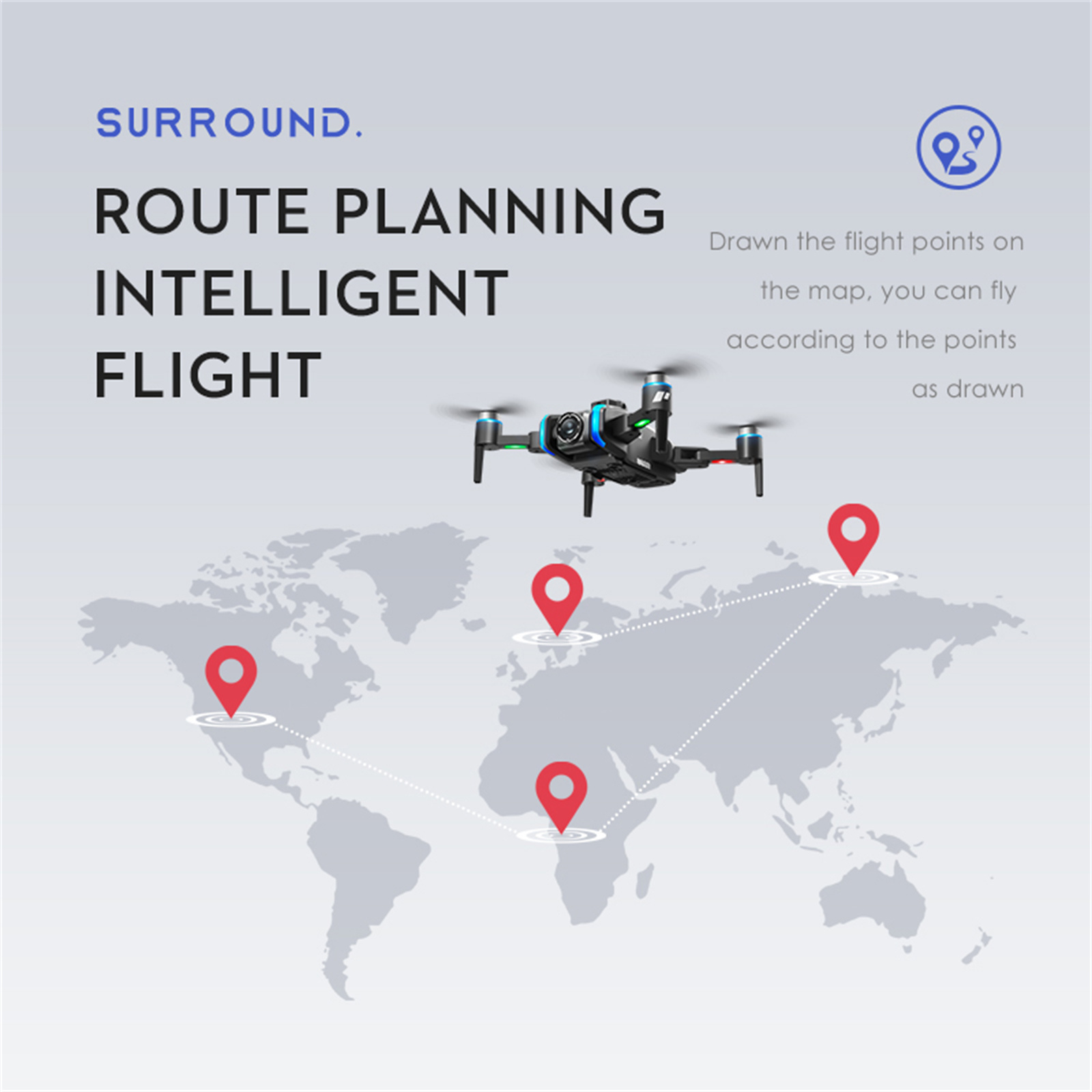 Eine Drohne fliegt über einer Weltkarte mit hervorgehobenen Flugpunkten. Text: Routenplanung, Intelligenter Flug.