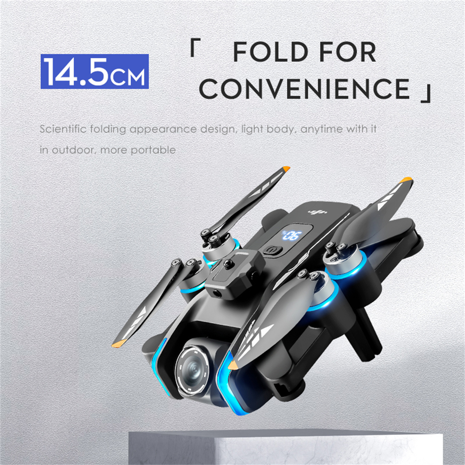 Eine schwarze Drohne mit faltbaren Armen. Sie hat eine Kamera und blaue Lichter. Der Text lautet 'Fold for convenience'.