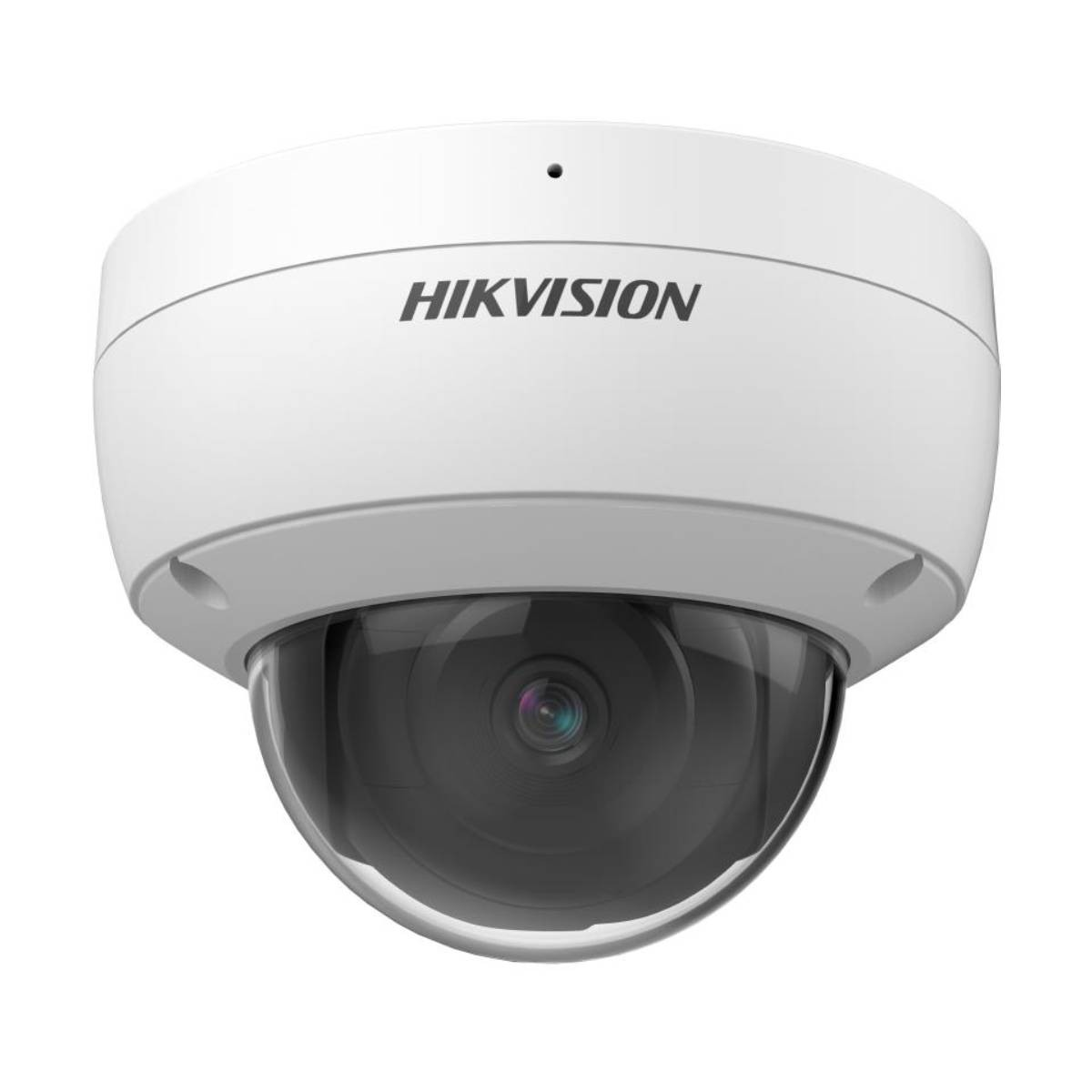 Una cámara de seguridad domo Hikvision blanca. La cámara tiene una lente oscura y redondeada y el nombre de la marca está escrito al frente.