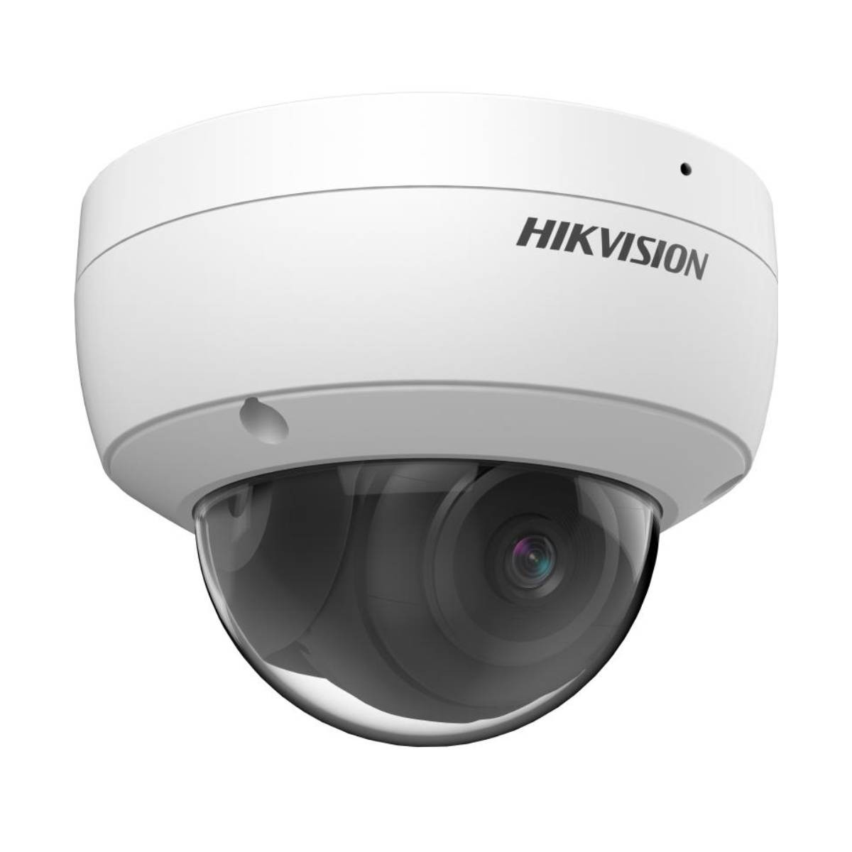 Una cámara de seguridad domo Hikvision blanca. Tiene un diseño redondeado con una cúpula oscura y transparente.