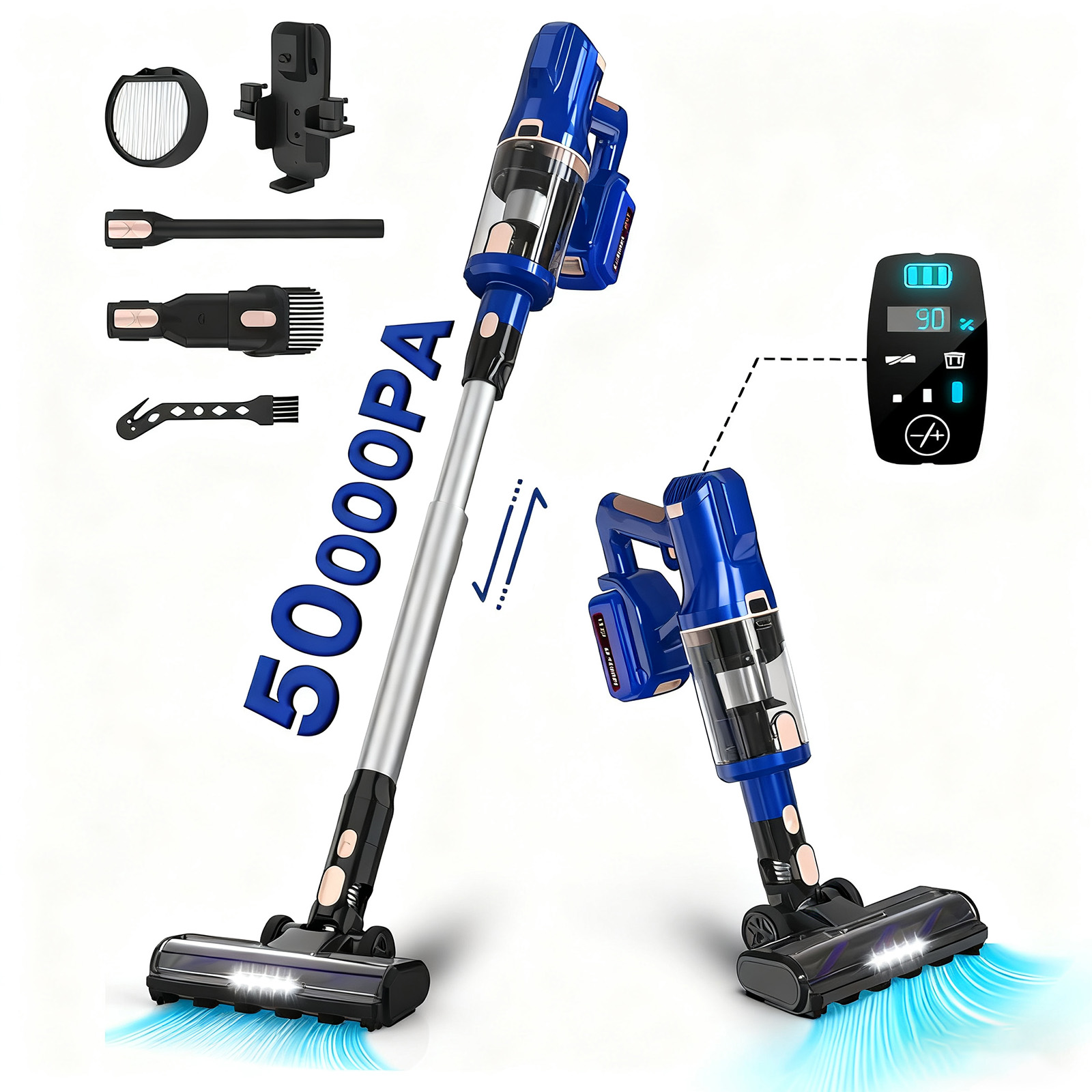Obraz przedstawia niebiesko-srebrny odkurzacz bezprzewodowy z akcesoriami. Wyświetlacz pokazuje żywotność baterii. Tło jest białe.