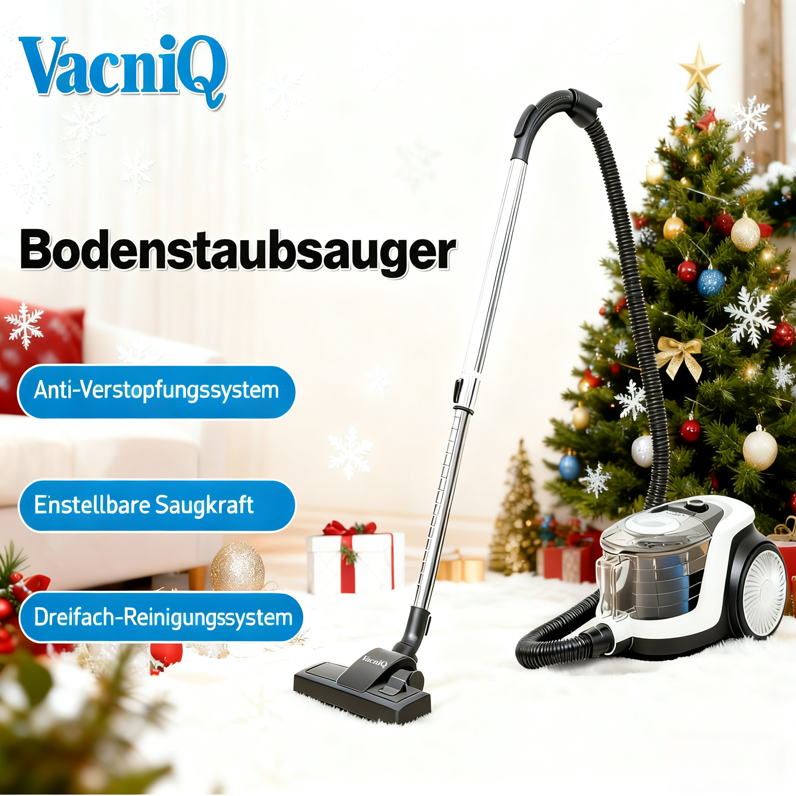 Ein Staubsauger mit Weihnachtsbaum im Hintergrund. Schneeflocken und Geschenke sind ebenfalls zu sehen.