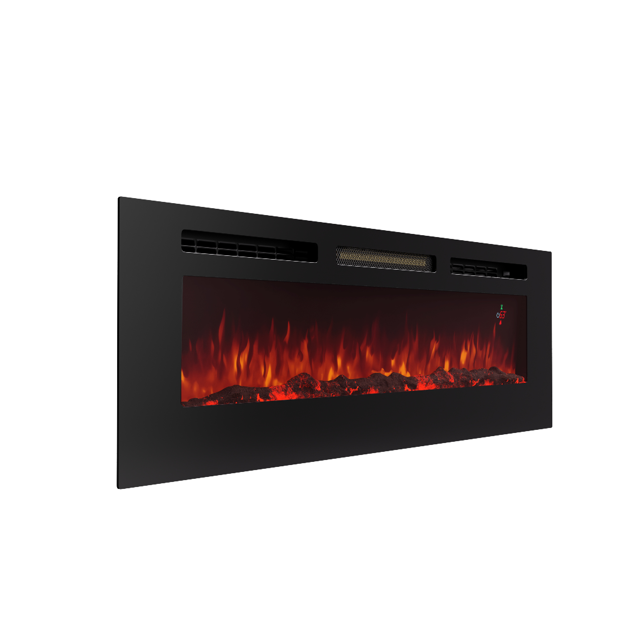 Caminetto elettrico nero con effetto fiamma realistico, braci ardenti e display digitale che mostra la temperatura.
