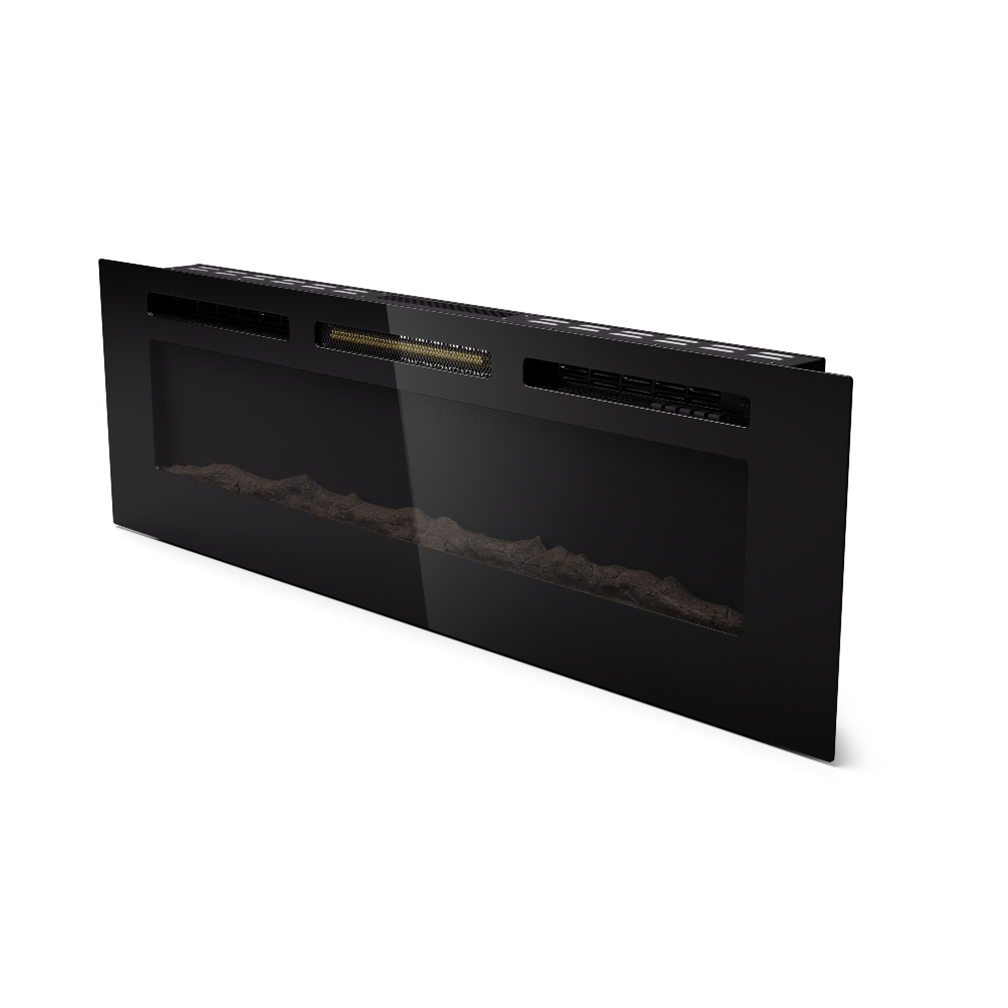 Caminetto elettrico nero con frontale in vetro. Interno con effetto fiamma e base rocciosa marrone.