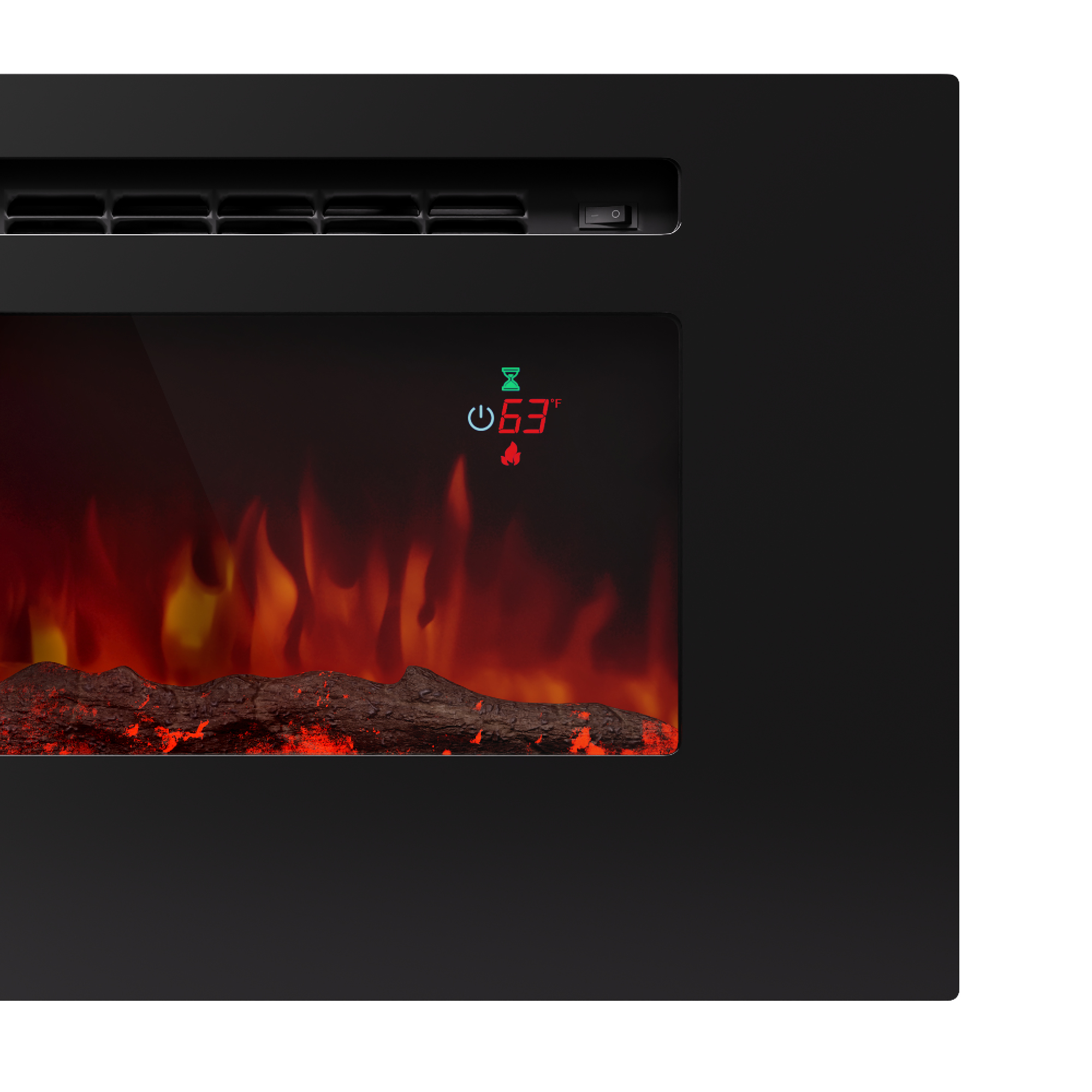 Caminetto elettrico nero con fiamme, display mostra 63 gradi. Un ceppo in basso, prese d'aria in alto, interruttore in alto a destra.