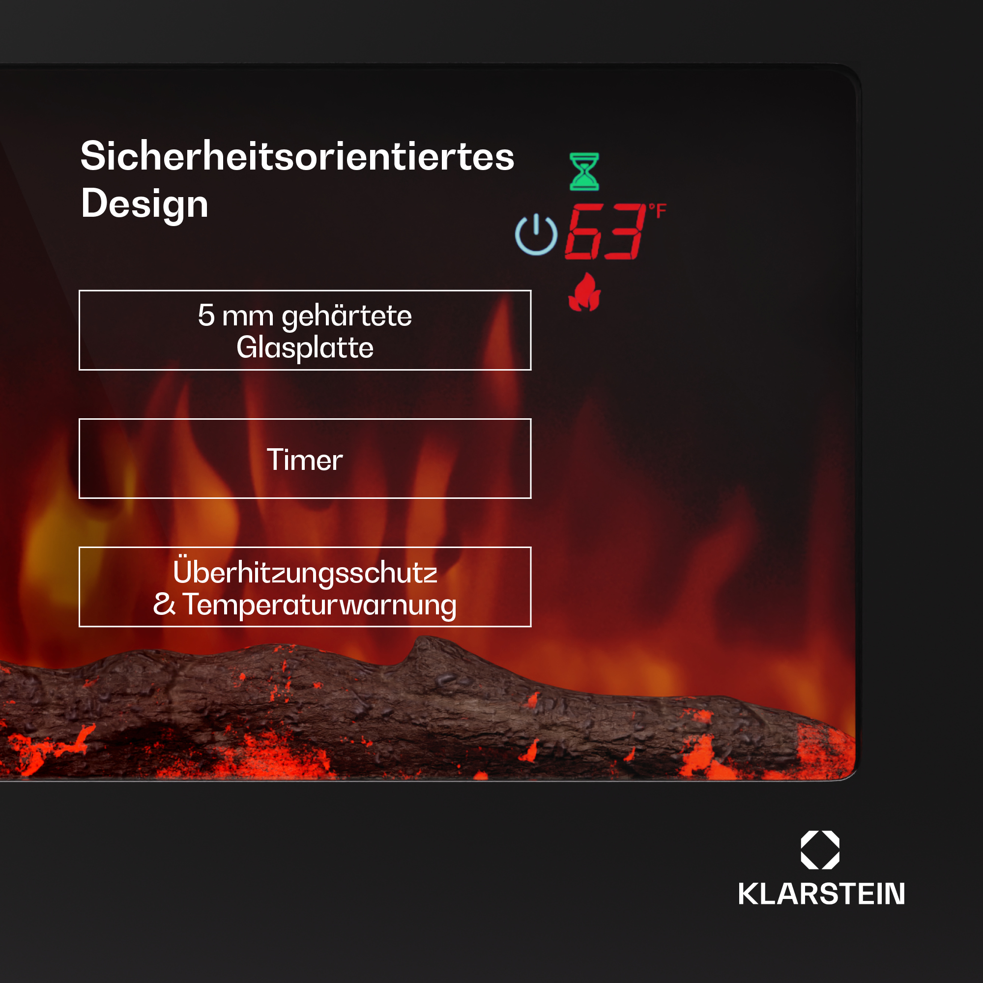 Un display del camino mostra temperatura, timer e funzioni di sicurezza. Include vetro da 5 mm, timer e protezione da surriscaldamento.