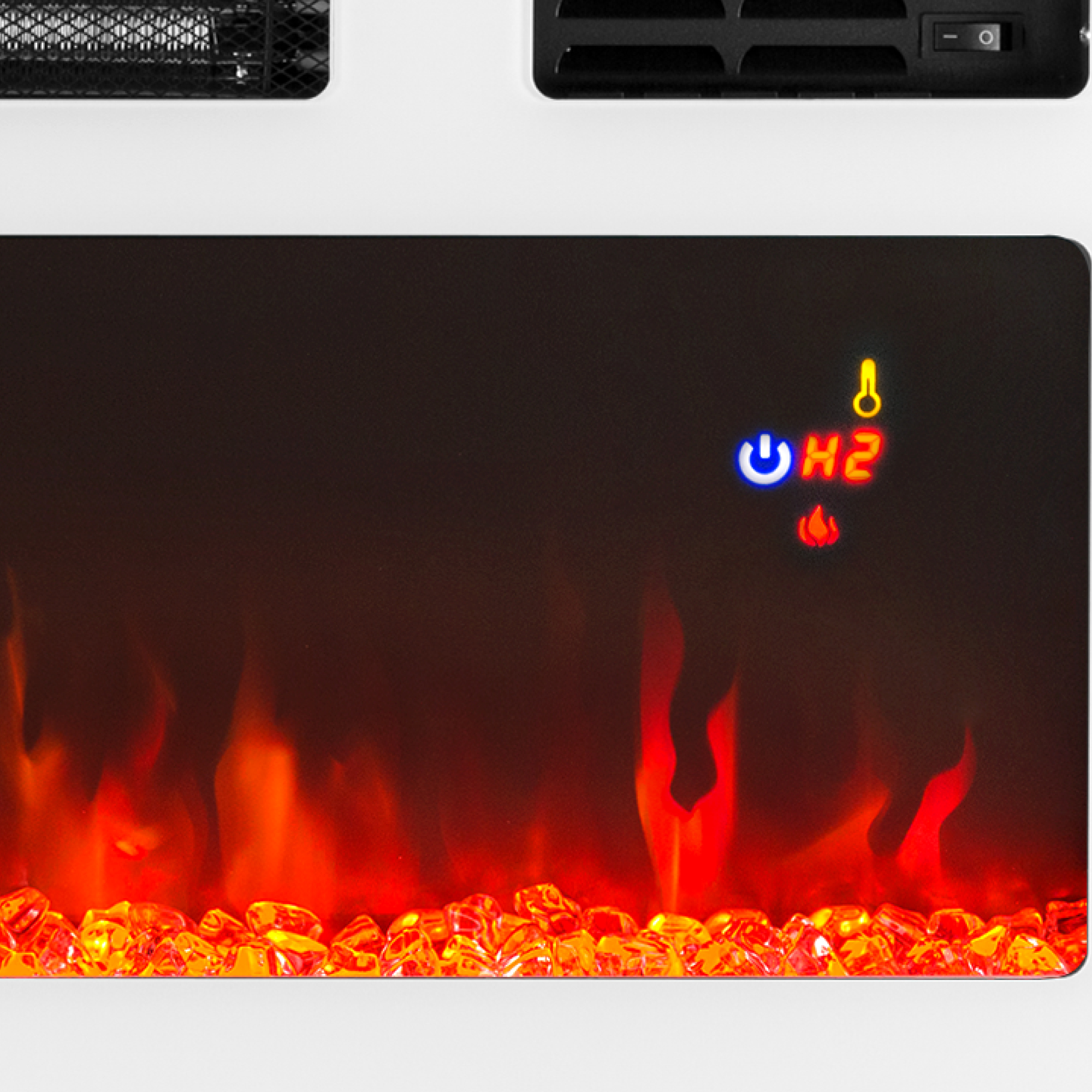 Chimenea eléctrica con pantalla LED. Muestra efecto de llama, con cristales brillantes en la base. Incluye controles de encendido y calor.