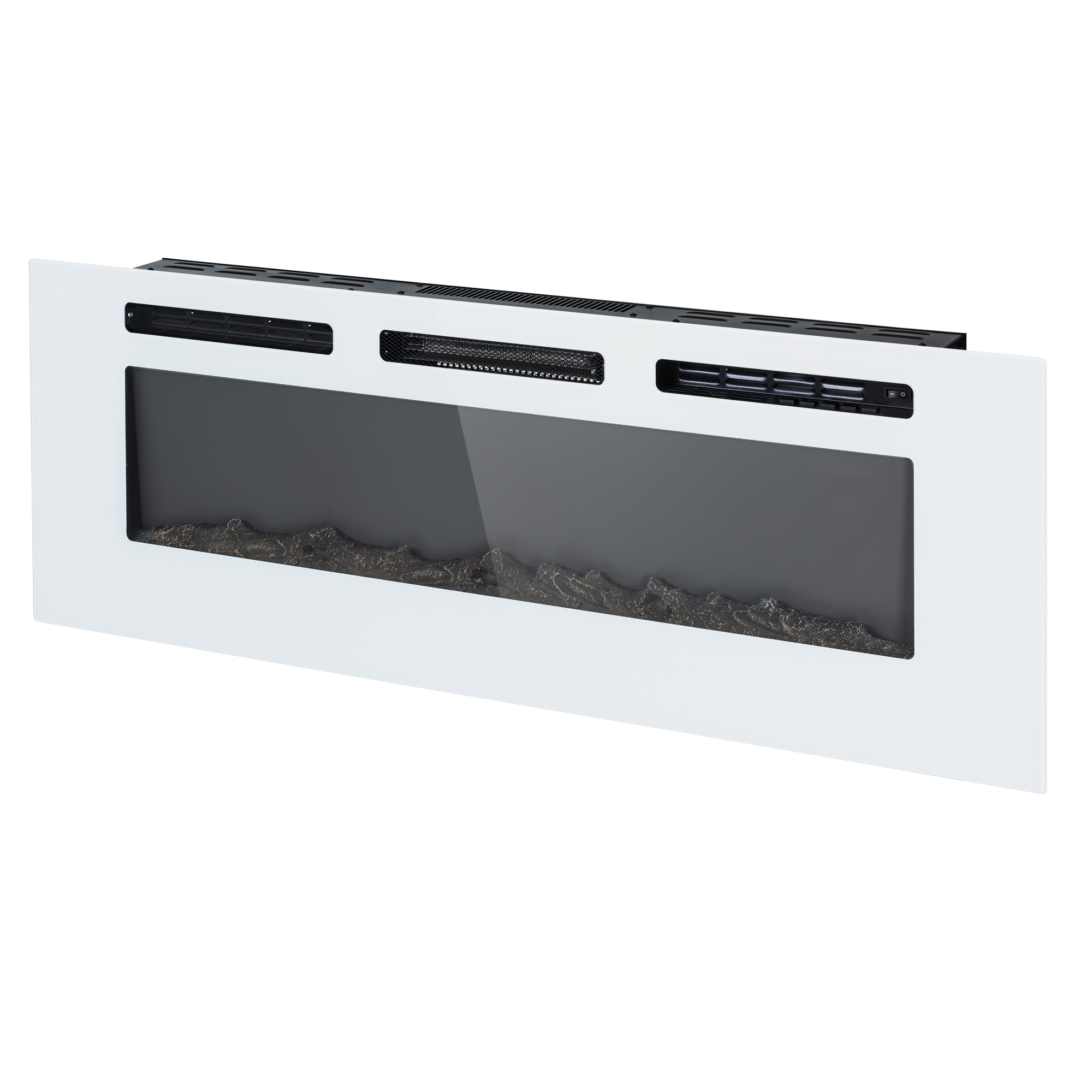 Una chimenea eléctrica blanca con ventilas negras y frontal de vidrio, con llamas decorativas falsas.