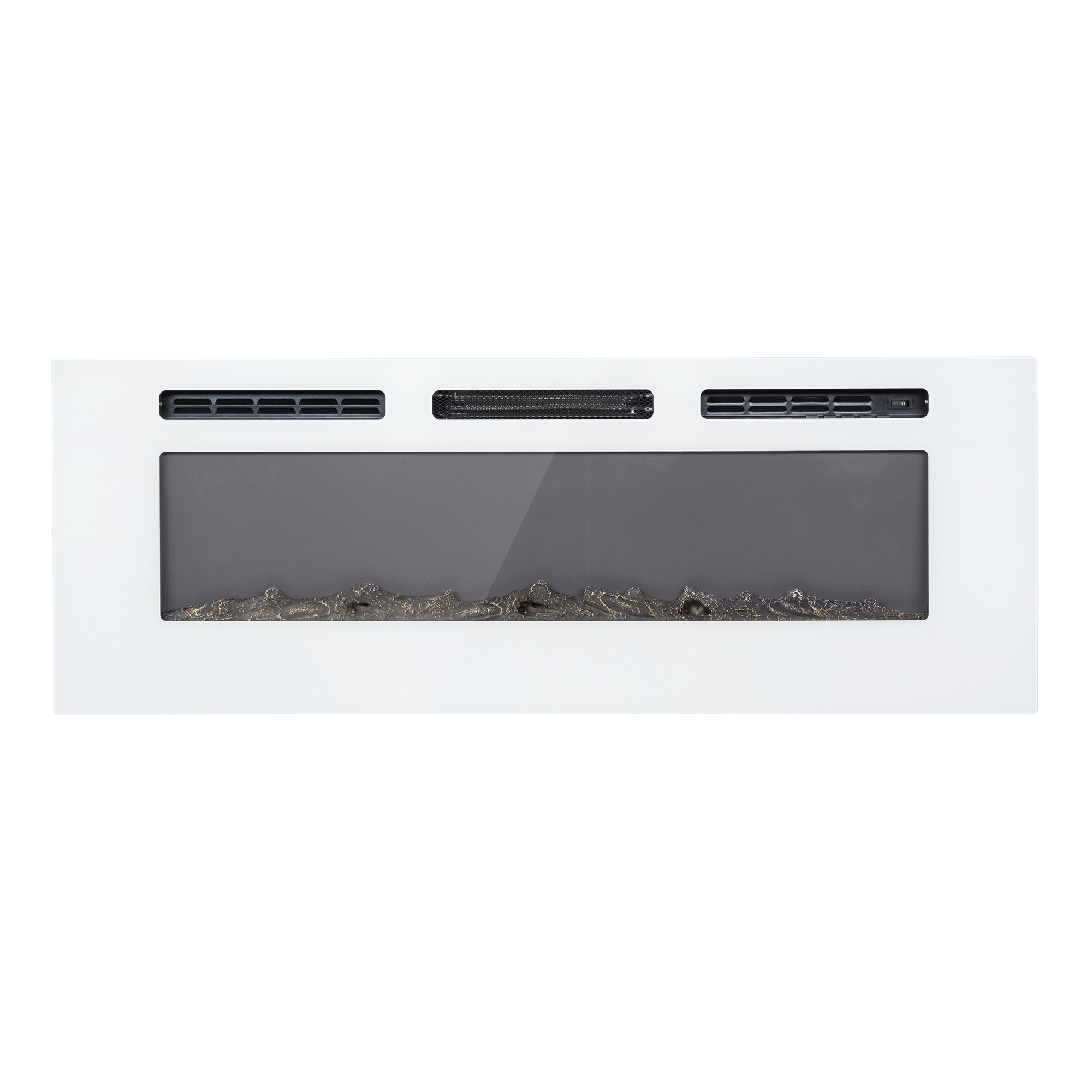 Una chimenea eléctrica blanca con ventilas negras y efecto de llama gris oscuro visible a través del cristal.