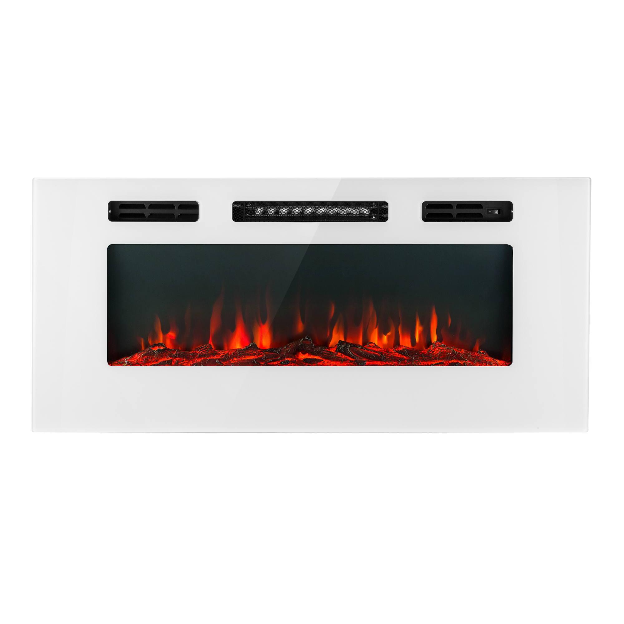 Chimenea eléctrica blanca con frente de vidrio que muestra llamas naranjas. Tiene ventilaciones negras y una malla negra.