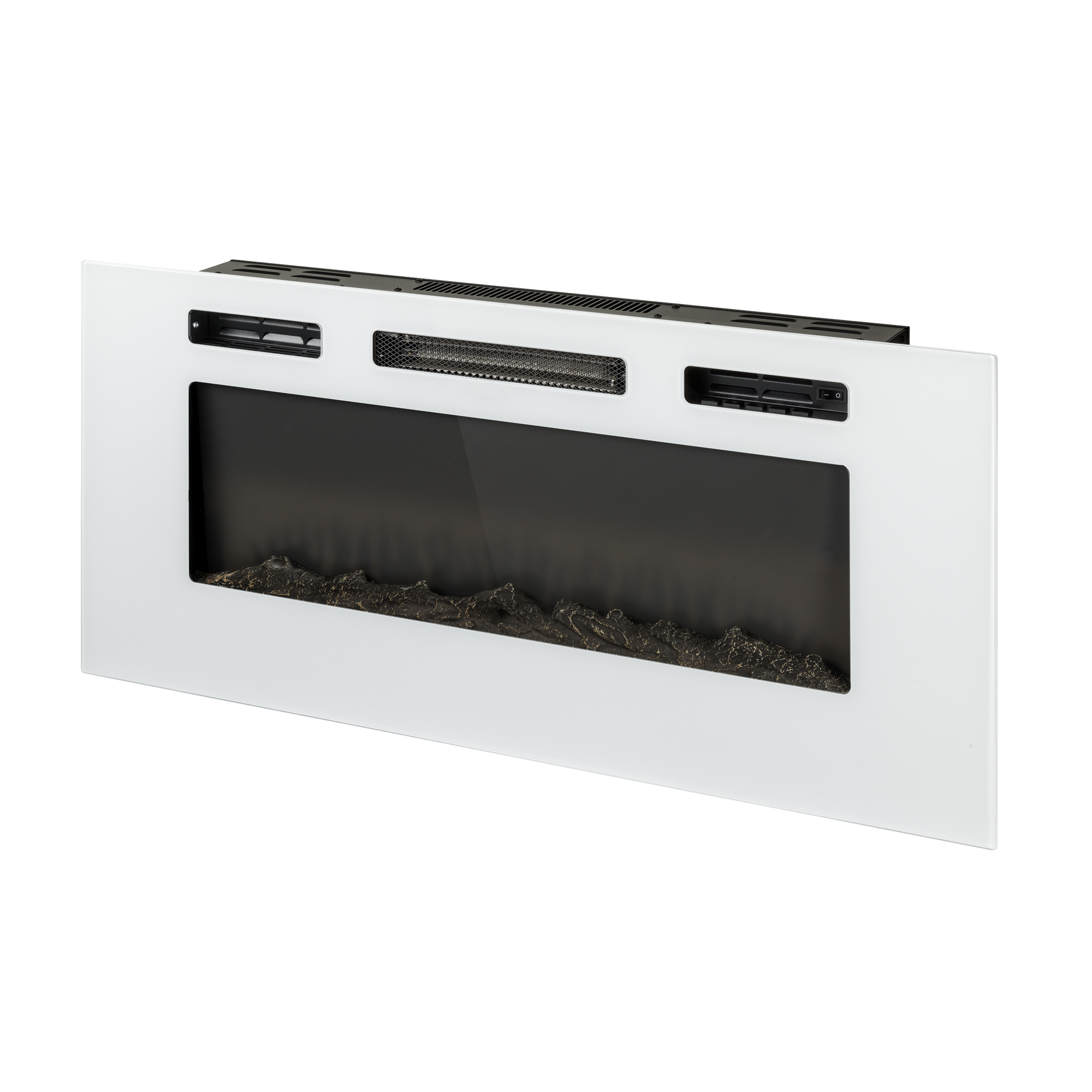 Una chimenea eléctrica blanca con interior negro. Tiene rejillas de ventilación, una malla y un interruptor en la parte superior. La imitación de fuego es visible.