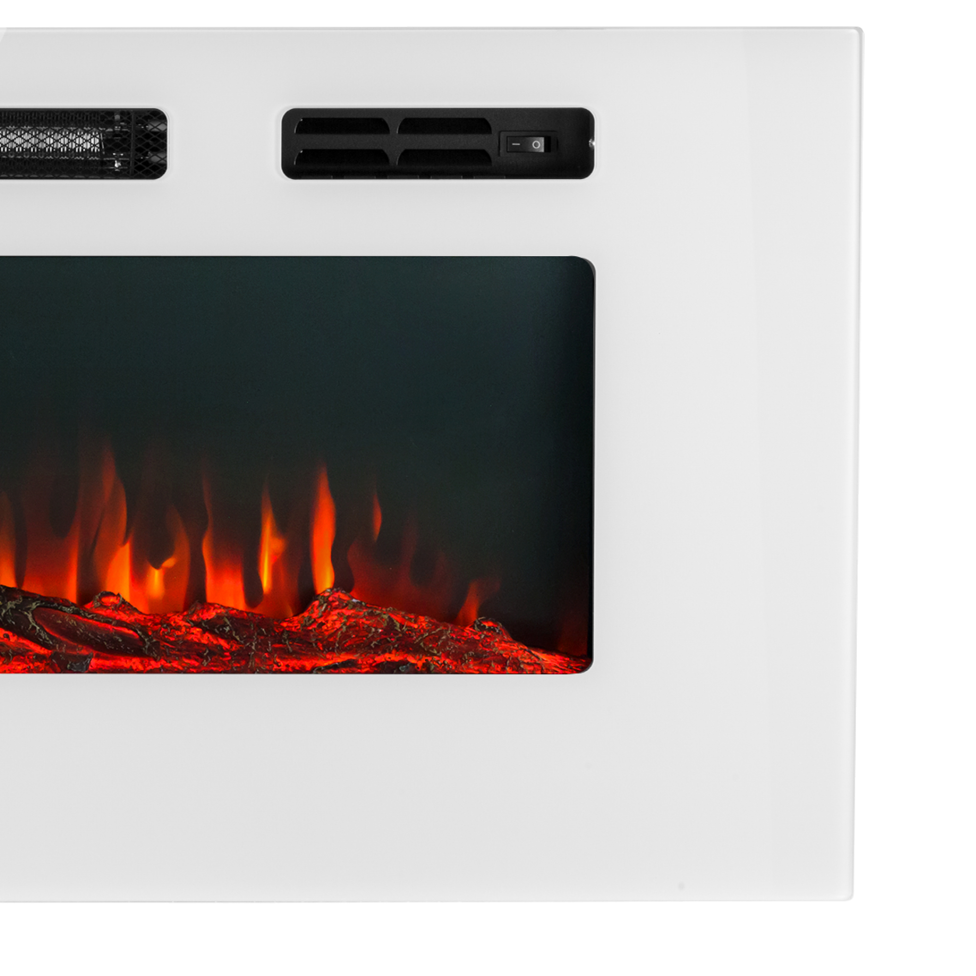 Chimenea eléctrica con marco blanco. Tiene un interior negro con efecto de llama roja brillante.