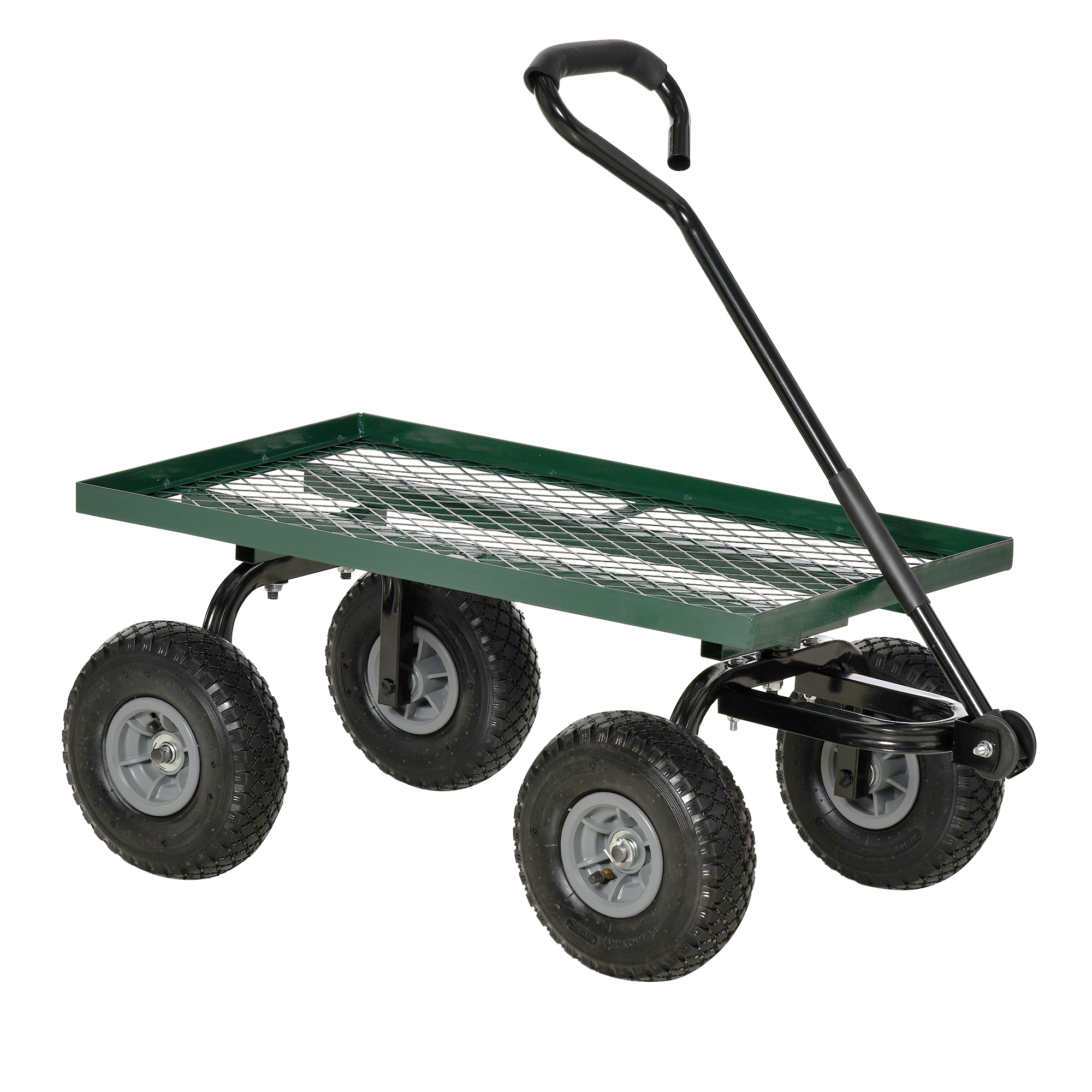 Un carrello multiuso in metallo verde con manico nero, quattro pneumatici neri e un letto a rete, isolato su bianco.