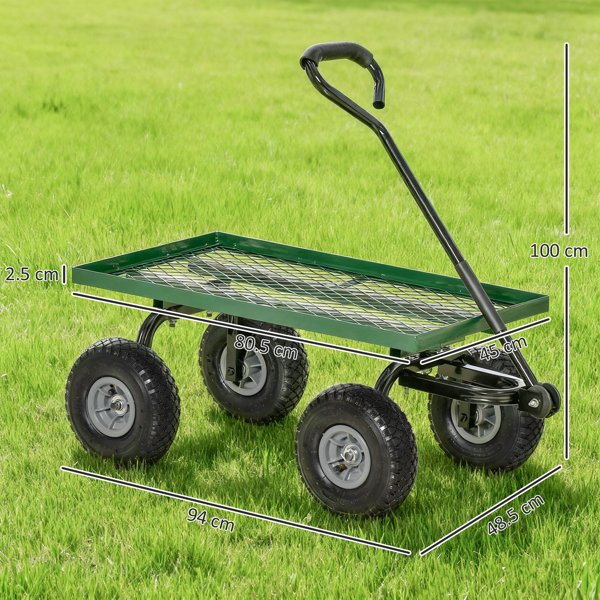 Un carrello verde con quattro ruote sull'erba. Misure etichettate. Maniglia nera.