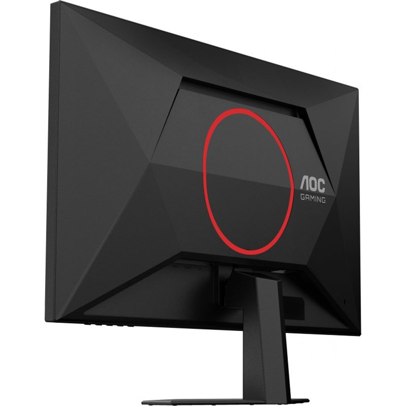 Widok z tyłu czarnego monitora gamingowego AOC. Ma czerwony pierścień i logo AOC Gaming.