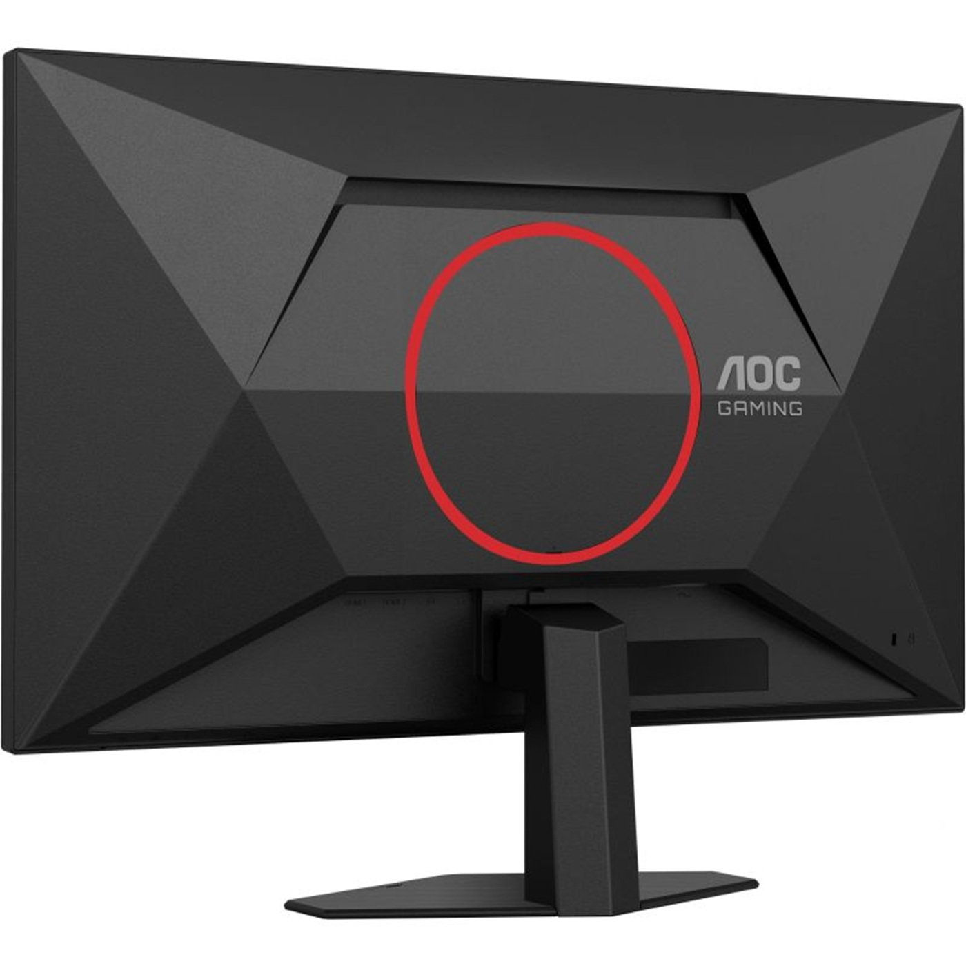 Tył czarnego monitora gamingowego AOC. Ma czerwone koło i logo AOC Gaming. Podstawa jest czarna.