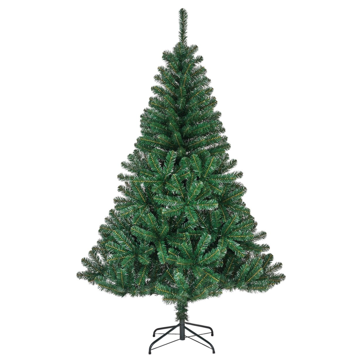 Un sapin de Noël artificiel vert sur un socle en métal noir, fond blanc.