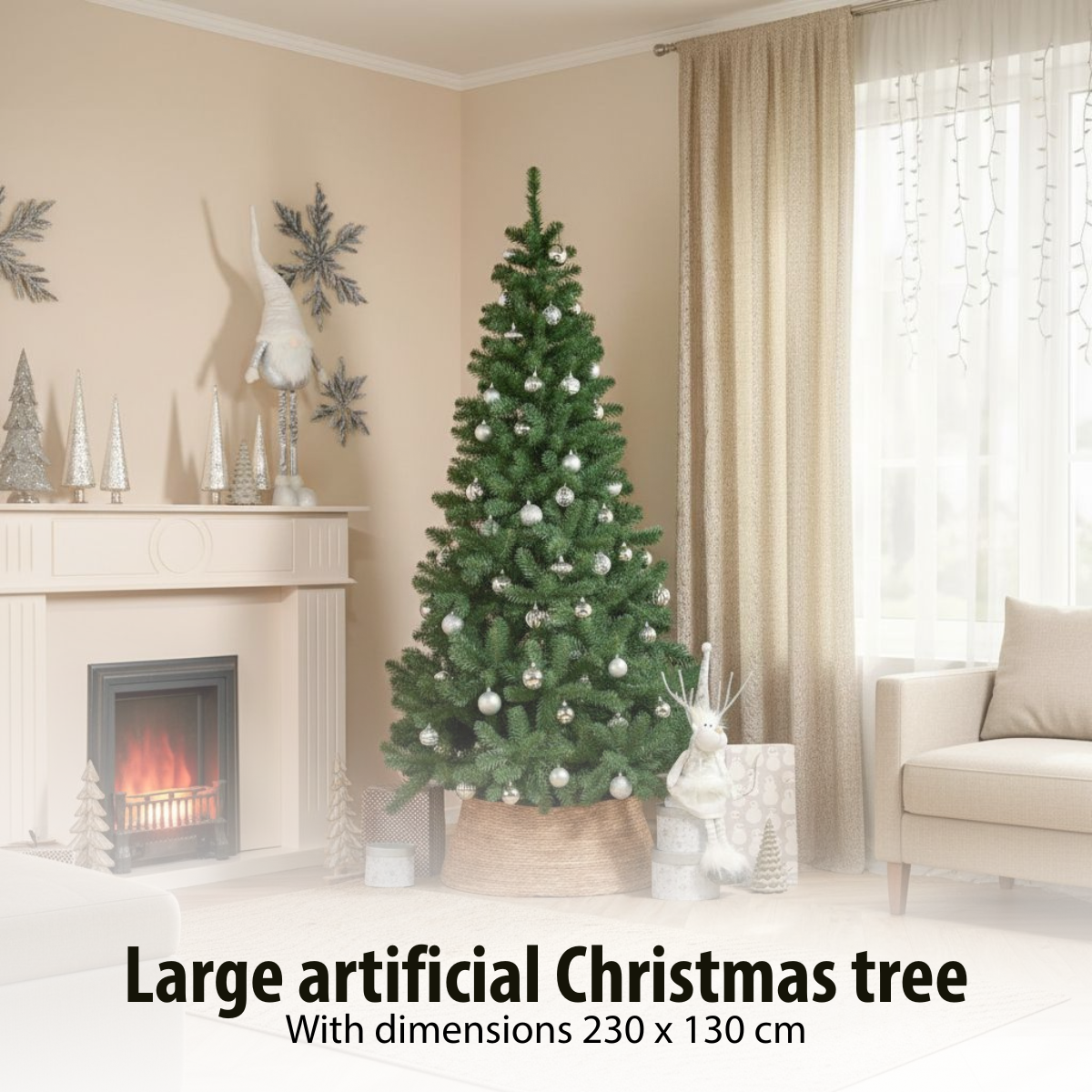 Un grand sapin de Noël artificiel, décoré d'ornements argentés, se trouve dans une pièce. Une cheminée et un canapé sont également visibles.