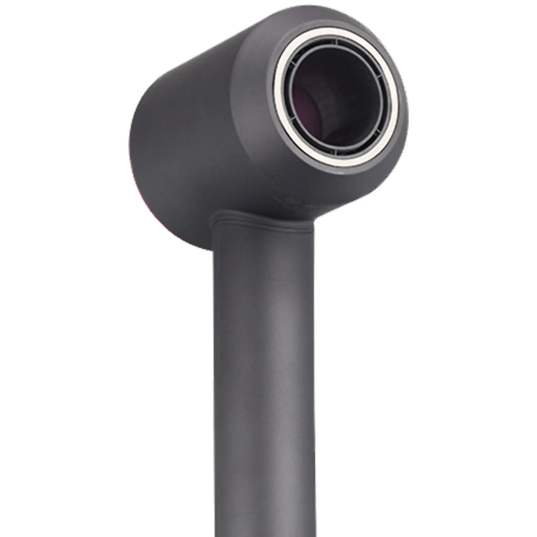 Un asciugacapelli Dyson grigio. Ha una testa rotonda con un anello e un lungo manico.