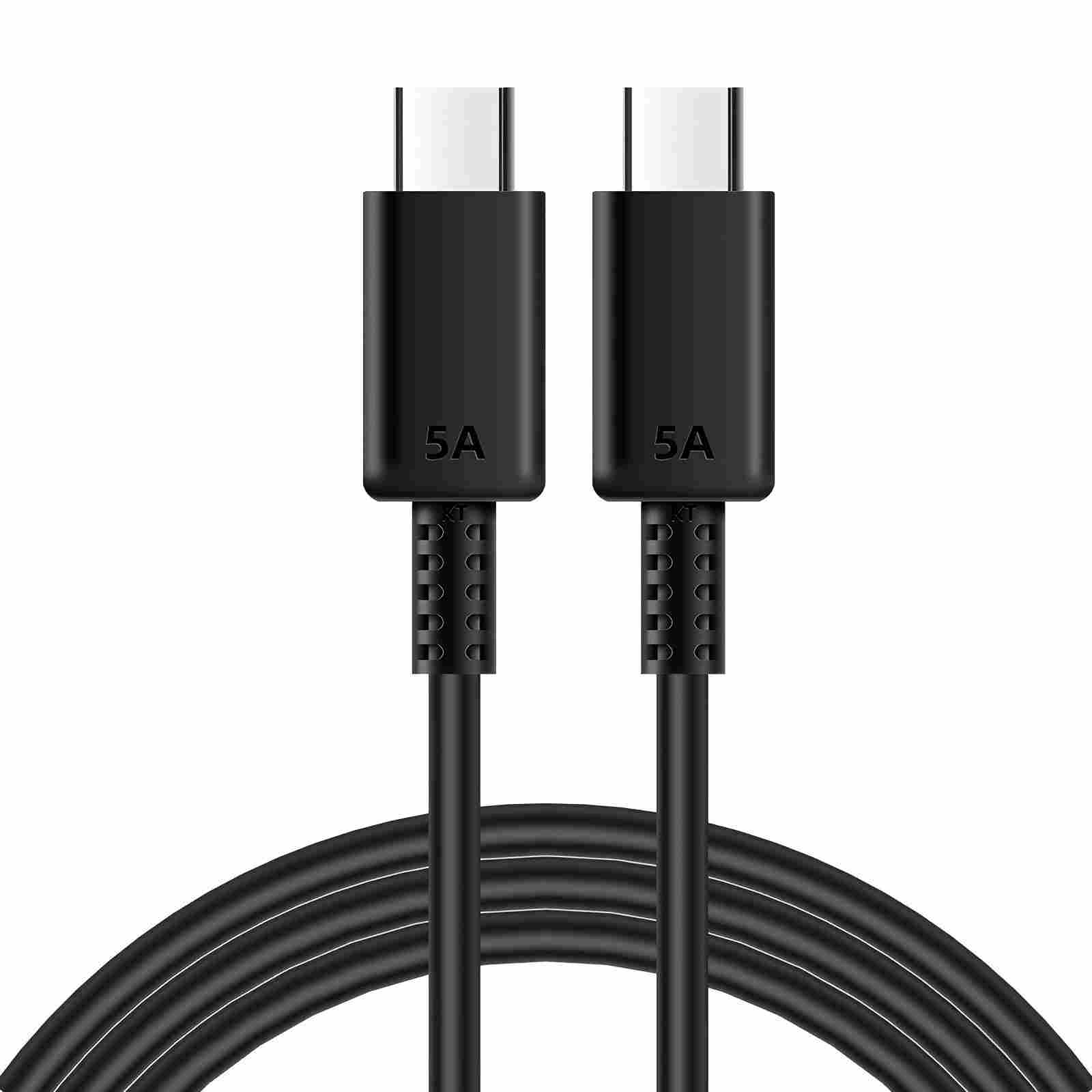 Due cavi USB-C neri, ciascuno con un'etichetta 5A, collegati. Cavi arrotolati. Sfondo bianco.