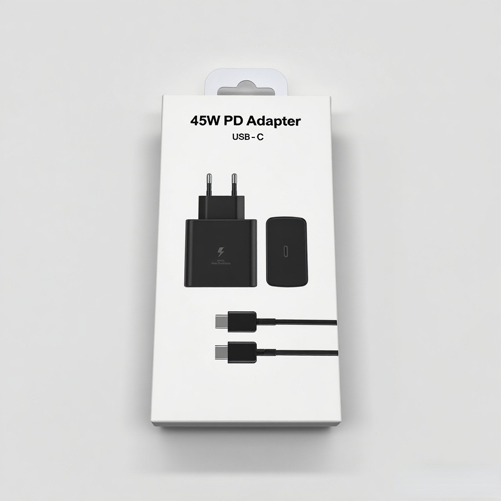 Una scatola bianca con un adattatore PD da 45W, USB-C, caricabatterie e cavo neri. Il caricabatterie ha un simbolo di fulmine.