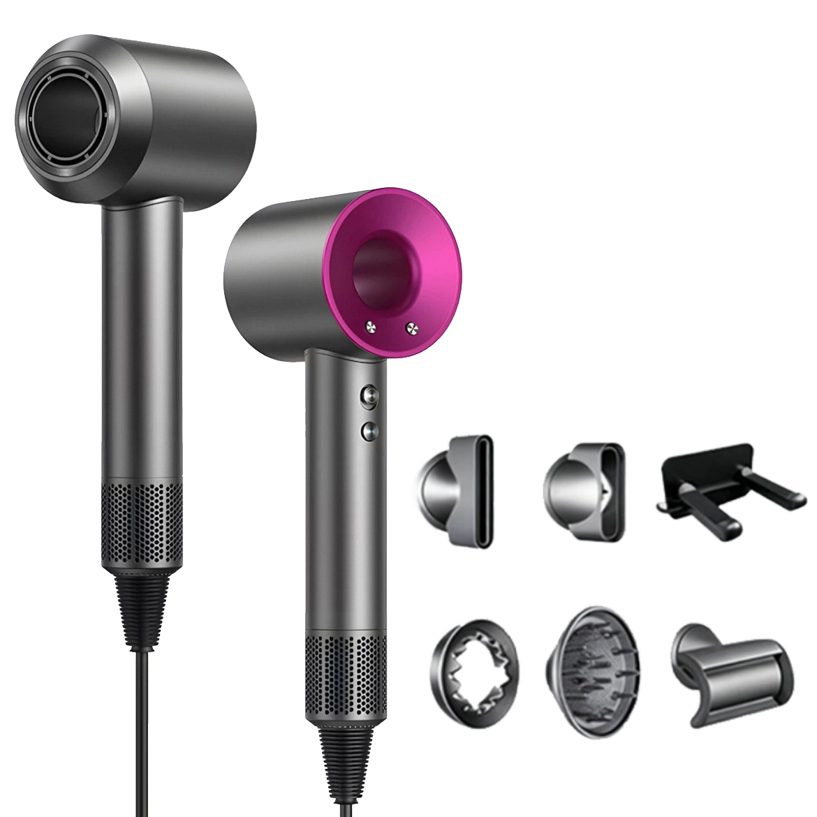 Due asciugacapelli Dyson, uno con dettagli rosa e accessori. Accessori mostrati in basso. Design grigio e nero.