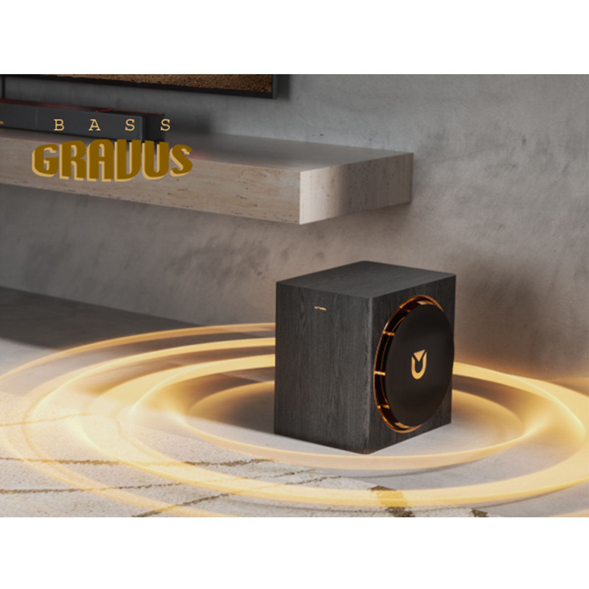 Ciemny głośnik drewniany ze złotym przodem. Stoi na dywanie ze złotymi okręgami świetlnymi. Słowo "GRADUS" jest widoczne.