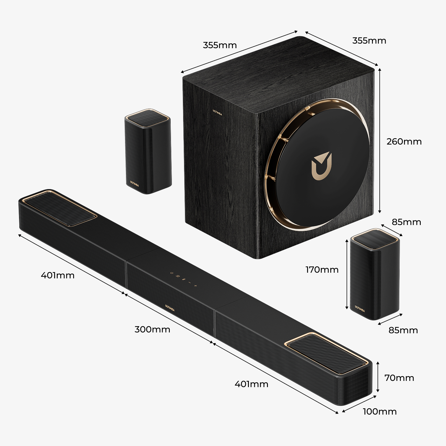 Czarny system głośników z wymiarami. Zawiera soundbar, subwoofer i dwa mniejsze głośniki, wszystkie ze złotymi akcentami.