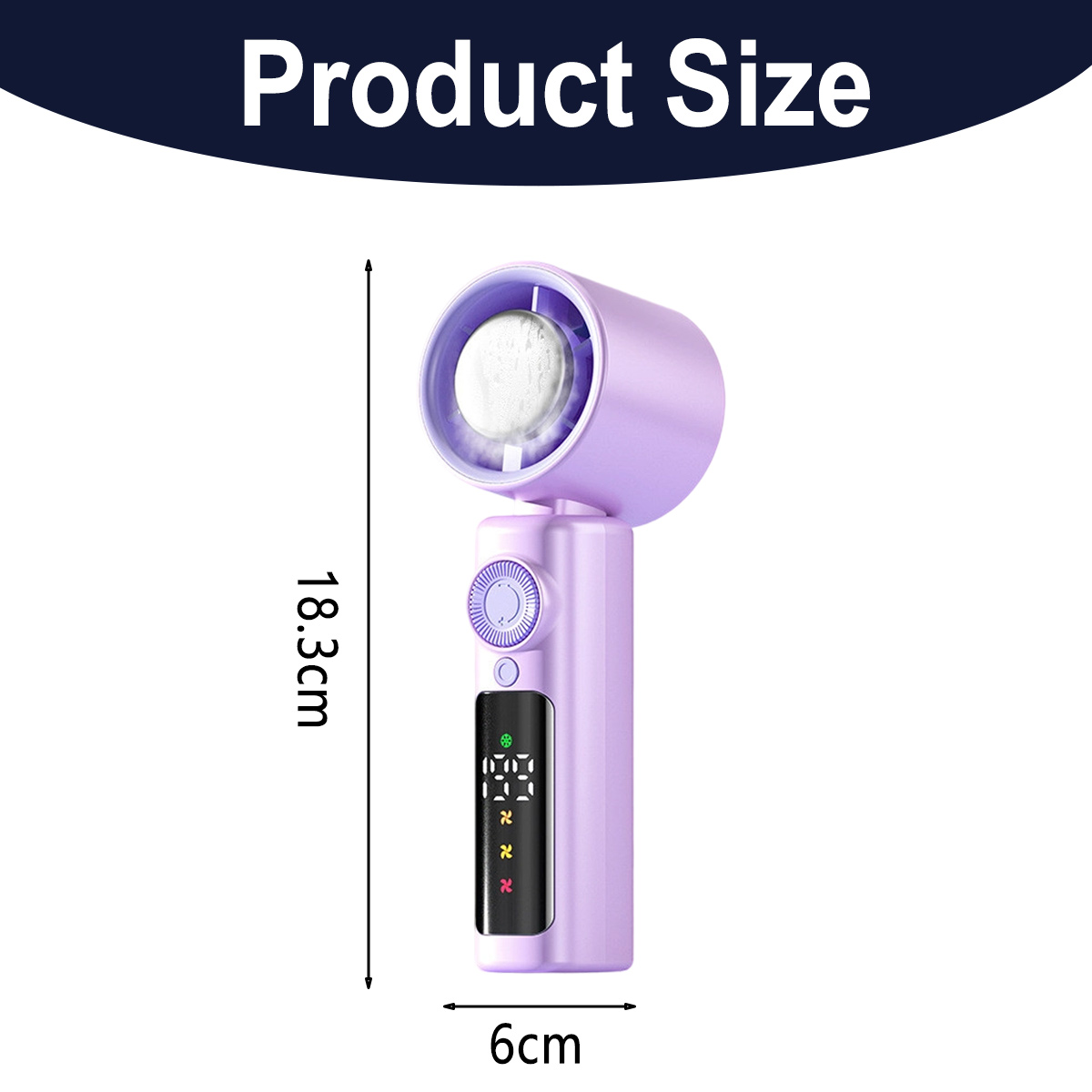 Ein lila Handgerät mit der Bezeichnung Produktgröße und den Maßen: 18,3 cm hoch und 6 cm breit. Es hat ein digitales Display und einen runden Kopf.