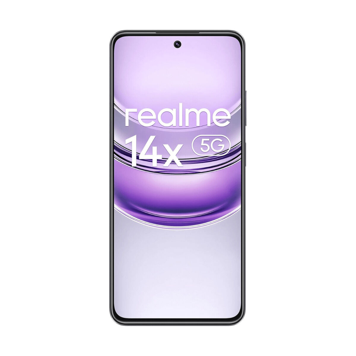 Uno smartphone con display curvo. Lo schermo mostra 'realme 14x 5G' in testo bianco su sfondo viola sfumato.