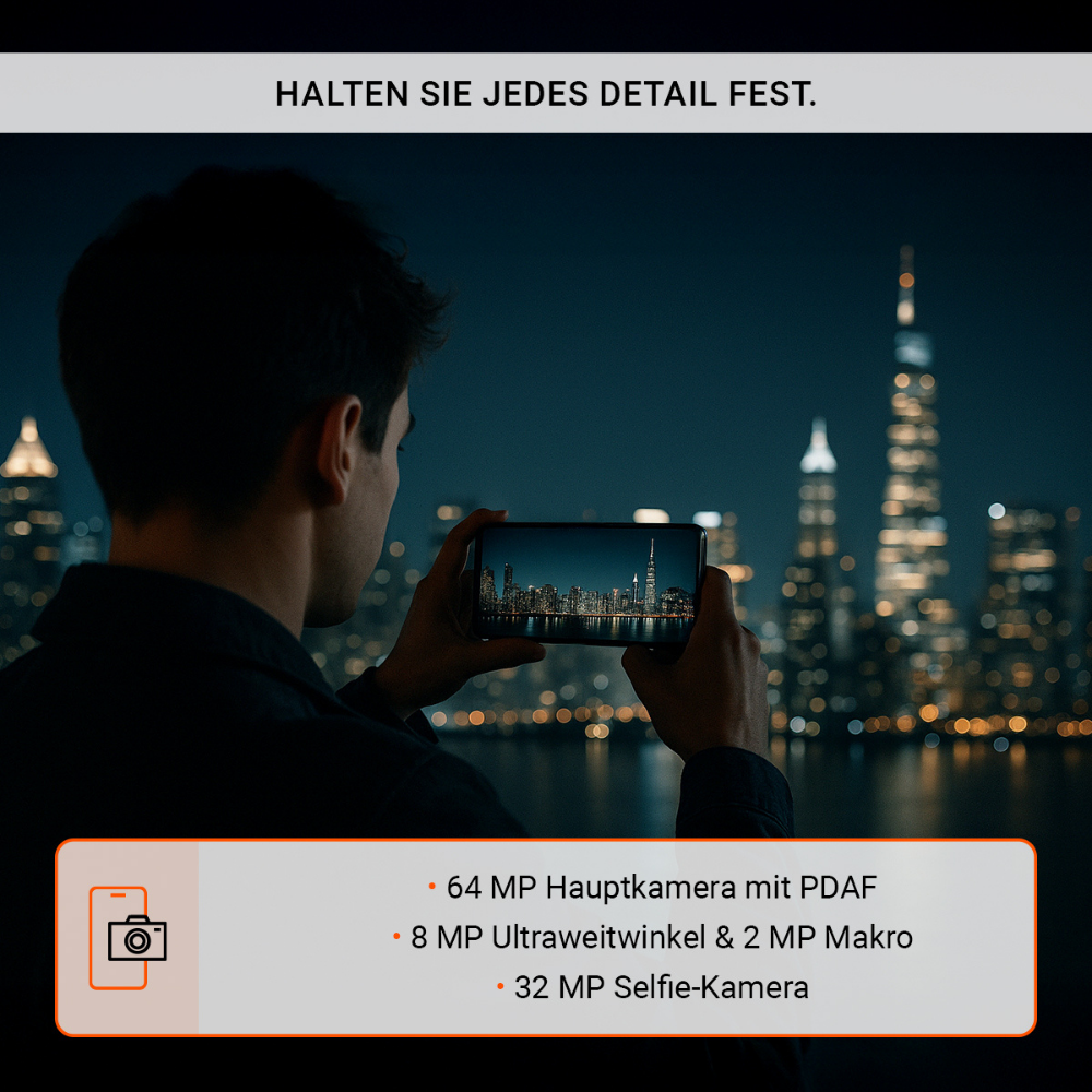 Osoba trzyma telefon, robiąc zdjęcie nocnego krajobrazu miejskiego. Telefon pokazuje światła miasta. Tekst i specyfikacje aparatu na dole.