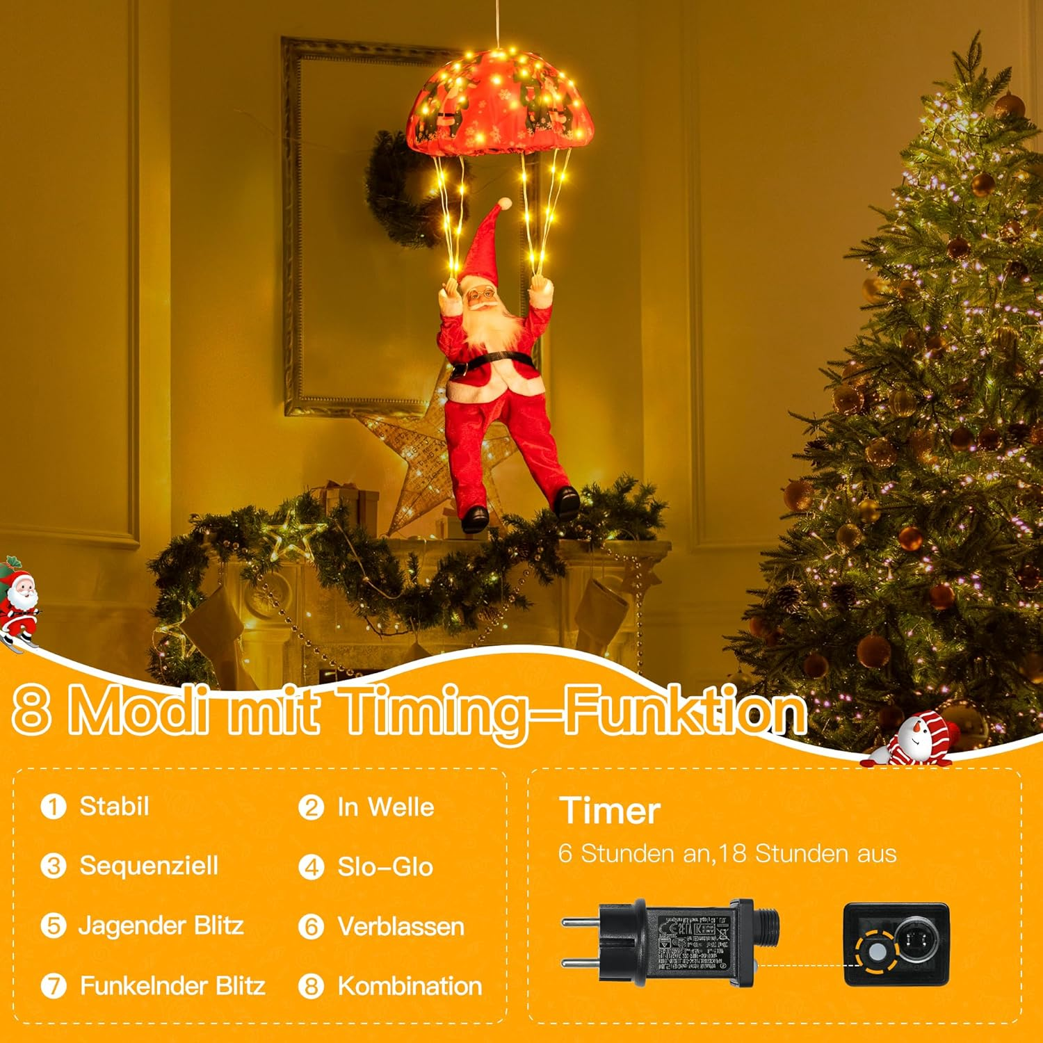 Eine Santa-Dekoration, die an einem rot beleuchteten Schirm hängt. Rechts ein Weihnachtsbaum, und Text zeigt Beleuchtungsmodi und Timer-Infos.