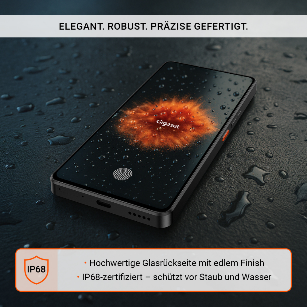 Smartfon z czytnikiem linii papilarnych i pomarańczowym logo Gigaset. Krople wody i tekst IP68.