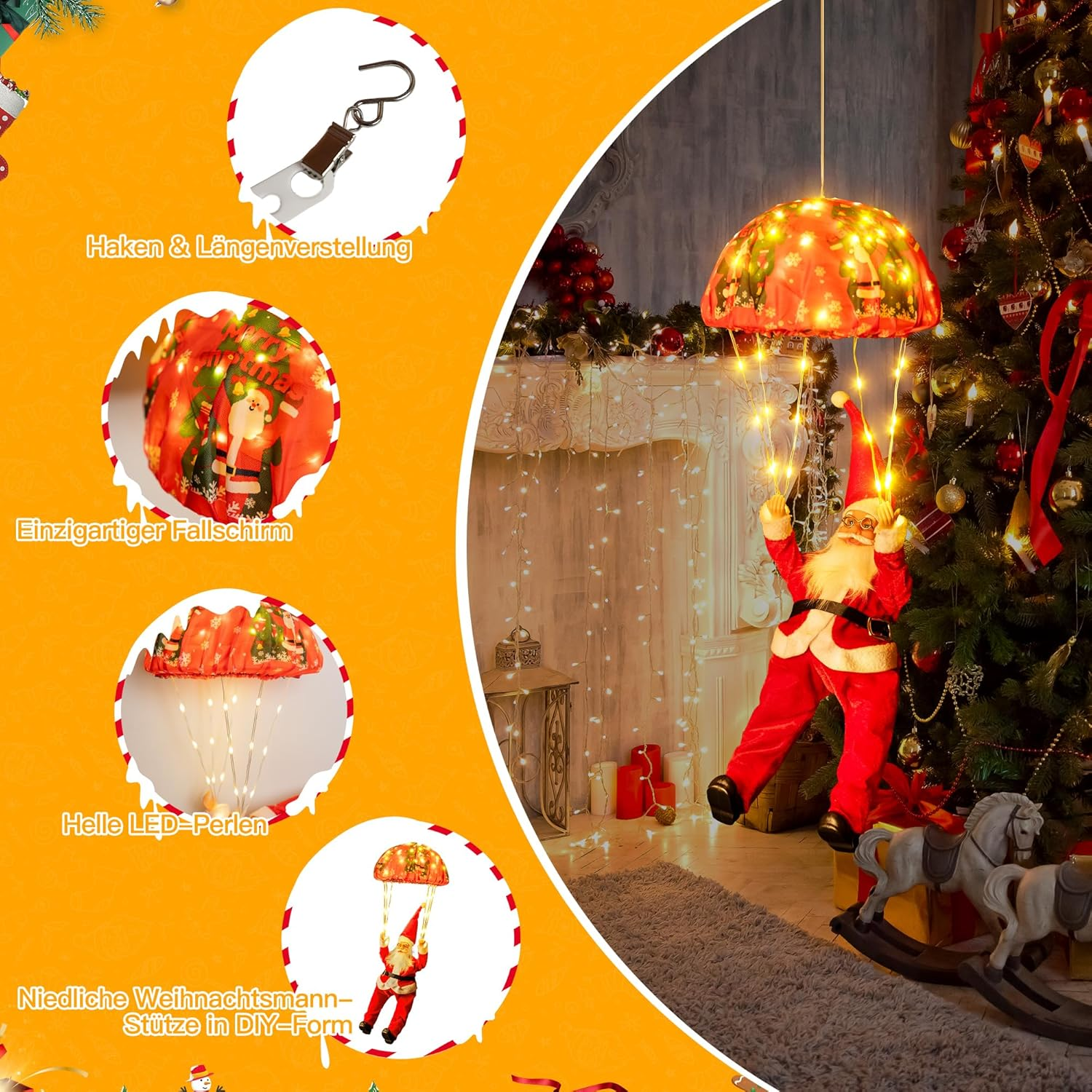 Eine Weihnachtsdekoration mit einer Weihnachtsmannfigur, die an einer roten, parachuteartigen Lampe mit Lichtern hängt, in der Nähe eines geschmückten Baumes.