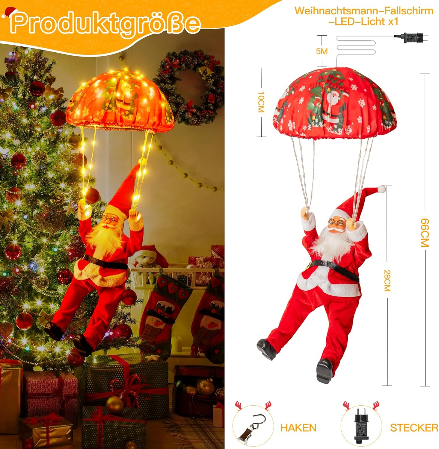 Weihnachtsmann-Figur mit rotem Fallschirm. Weihnachtsbaum und Geschenke im Hintergrund. LED-Lichter am Fallschirm.