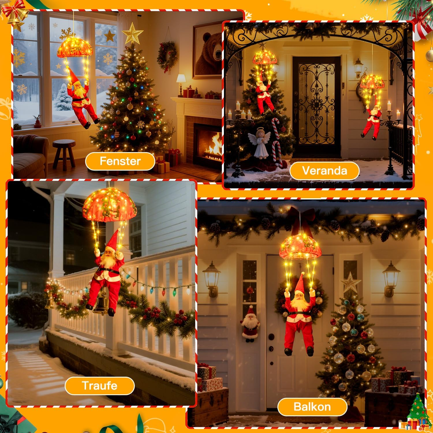 Vier Weihnachtsszenen mit Santa-Dekorationen. Szenen umfassen ein Fenster, eine Veranda, eine Traufe und einen Balkon, alle festlich und hell.