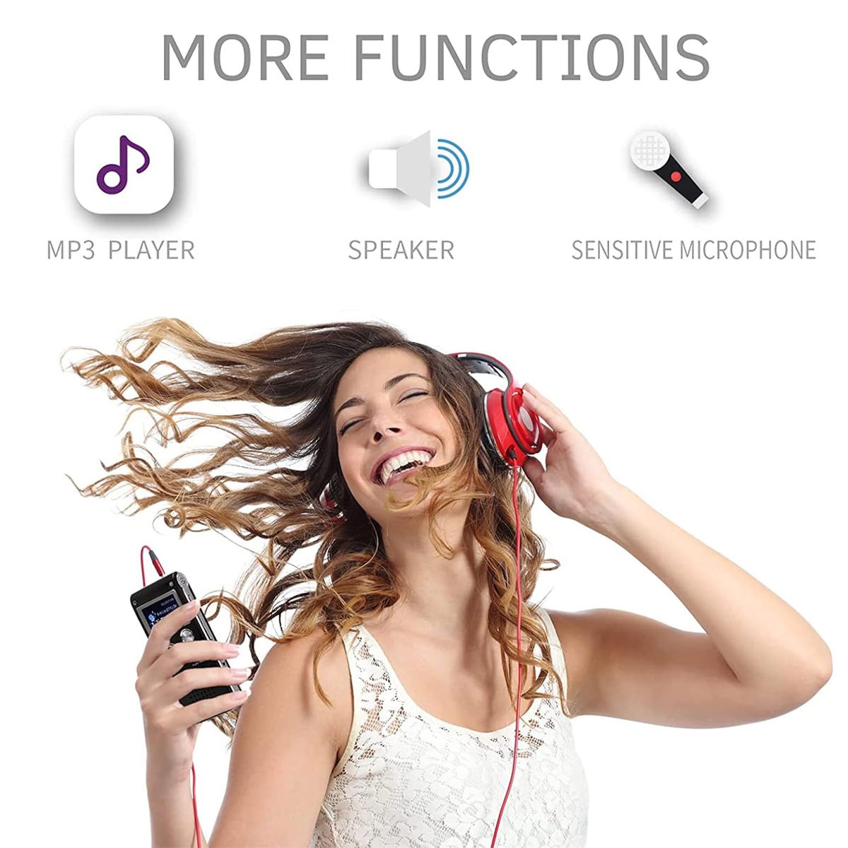 Eine Frau mit wehendem Haar und roten Kopfhörern lächelt, während sie einen Musikplayer hält. Text oben zeigt MP3, Lautsprecher und Mikrofon.