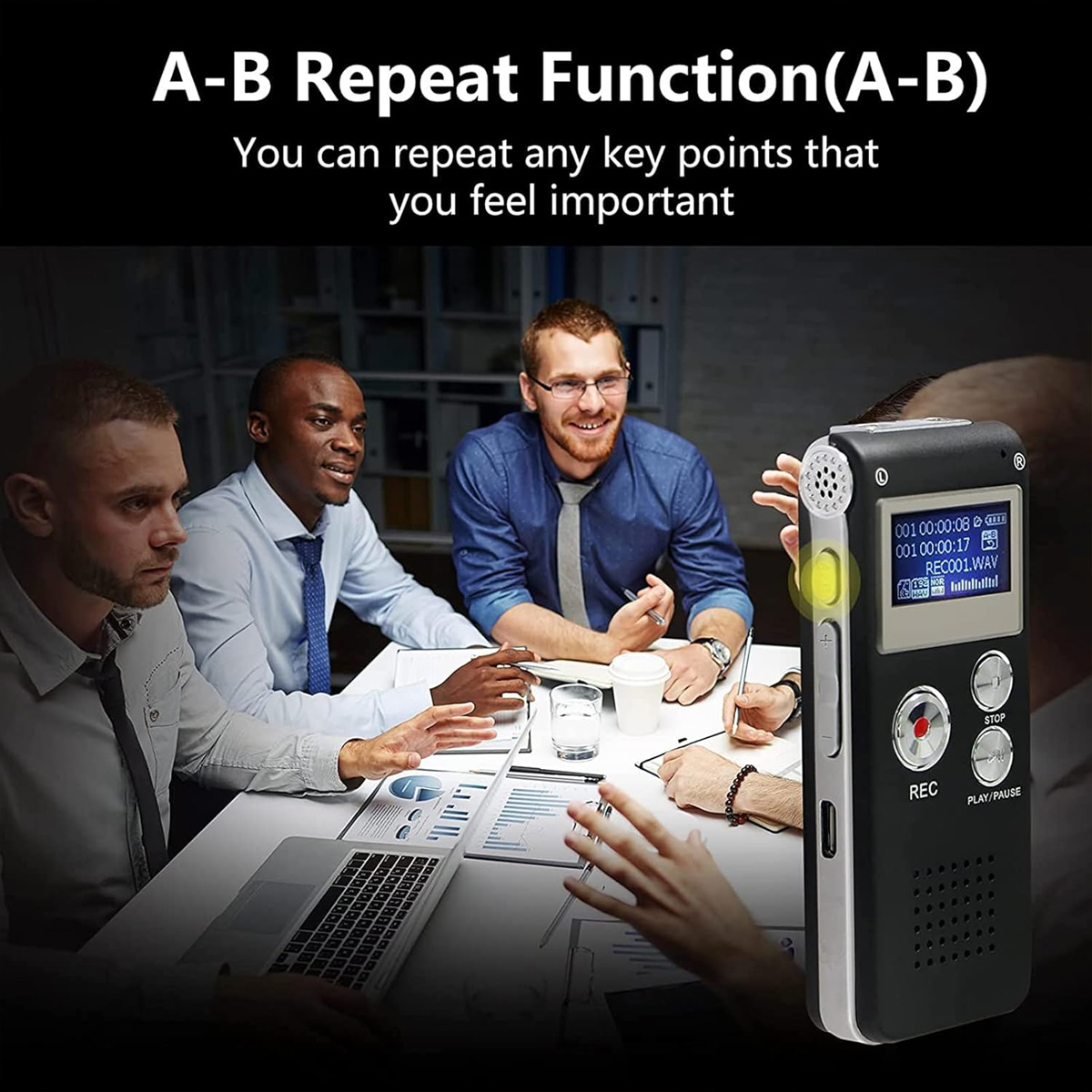 Vier Personen diskutieren an einem Tisch Dokumente. Ein Diktiergerät befindet sich im Vordergrund. Text überlagert 'A-B Repeat Function'.