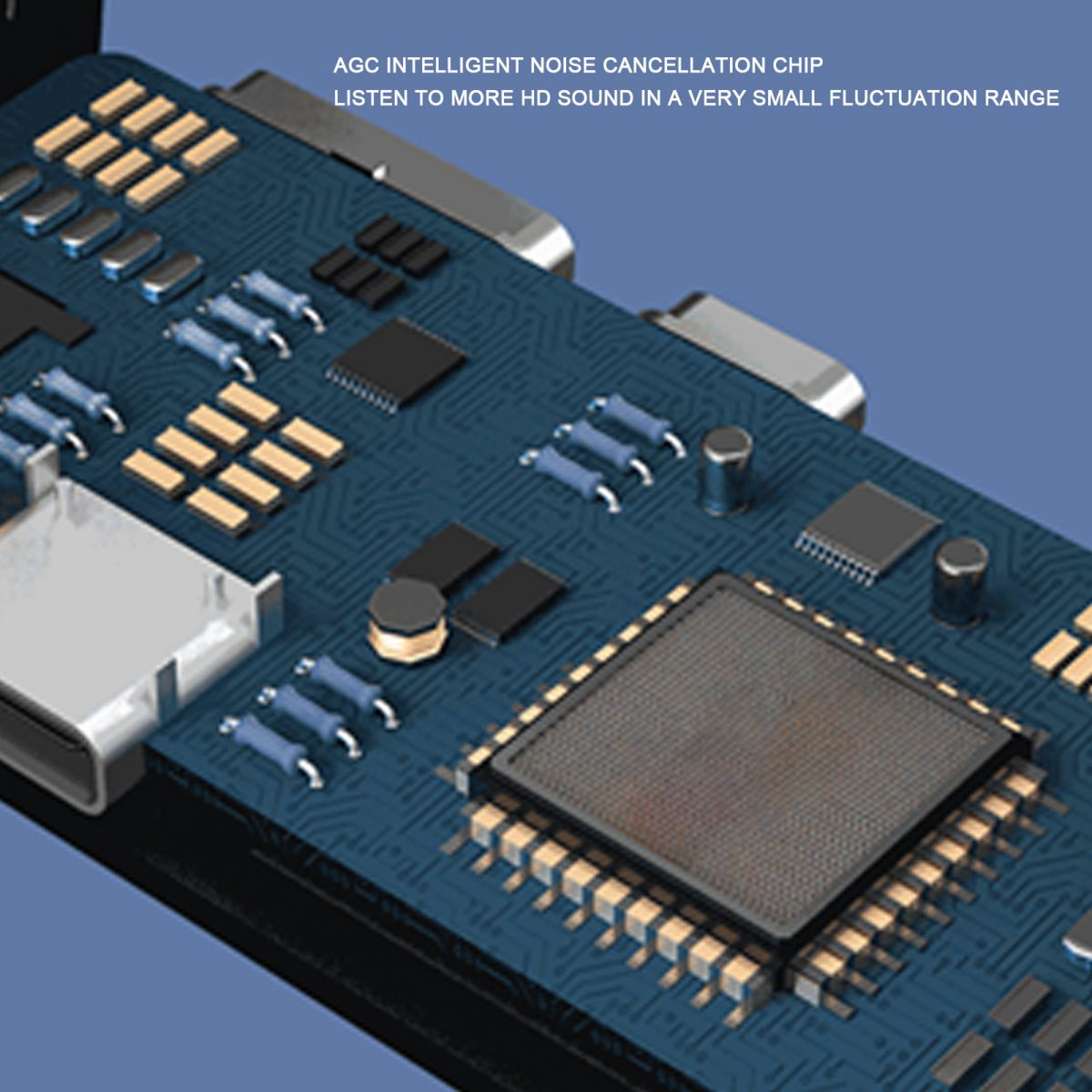 Nahaufnahme einer Leiterplatte mit verschiedenen elektronischen Bauteilen, darunter Chips, Widerstände und Anschlüsse. Die Platte ist blau.