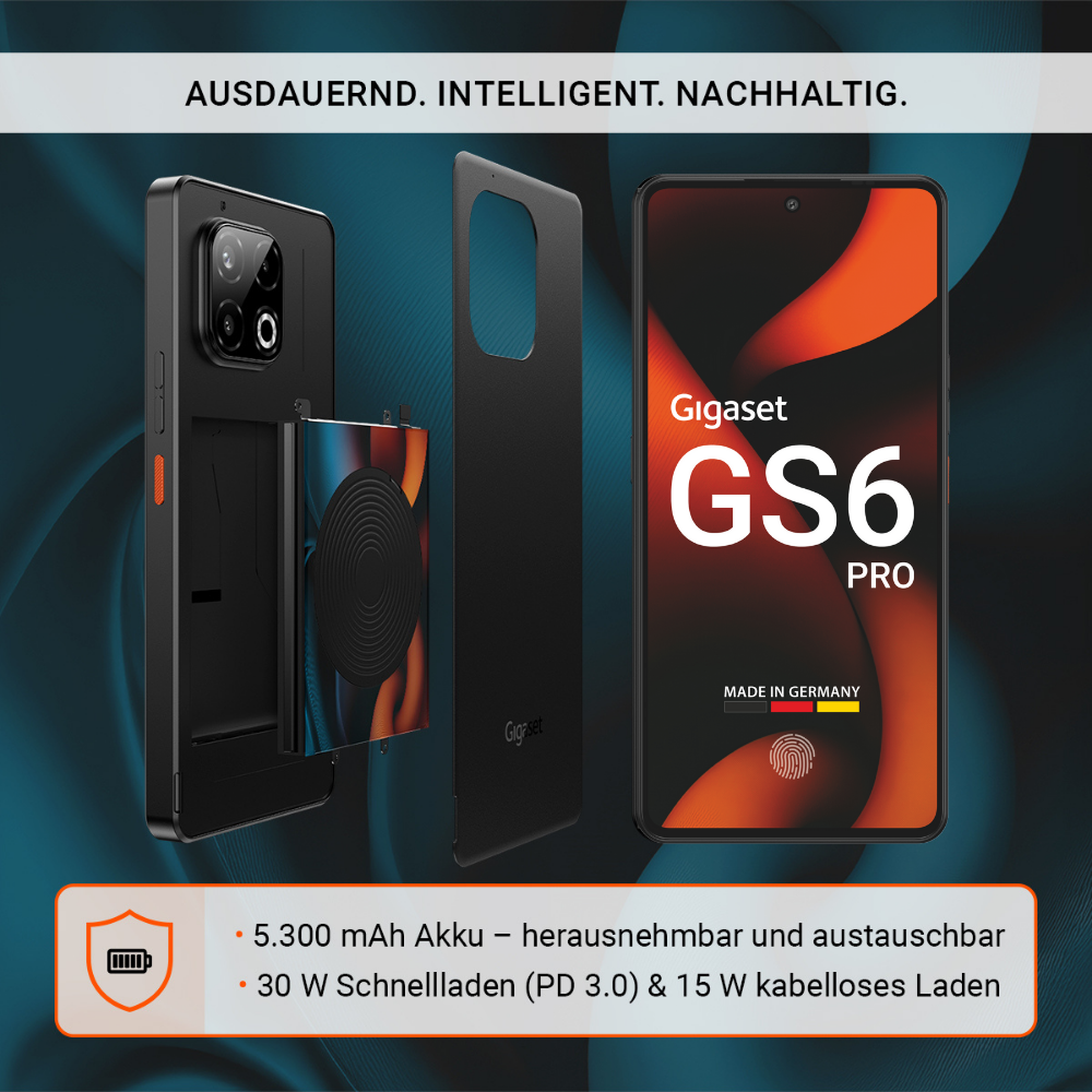 Telefon Gigaset GS6 Pro jest wyświetlany w częściach. Ma czarną obudowę, pomarańczowe akcenty i specyfikacje wymienione poniżej.