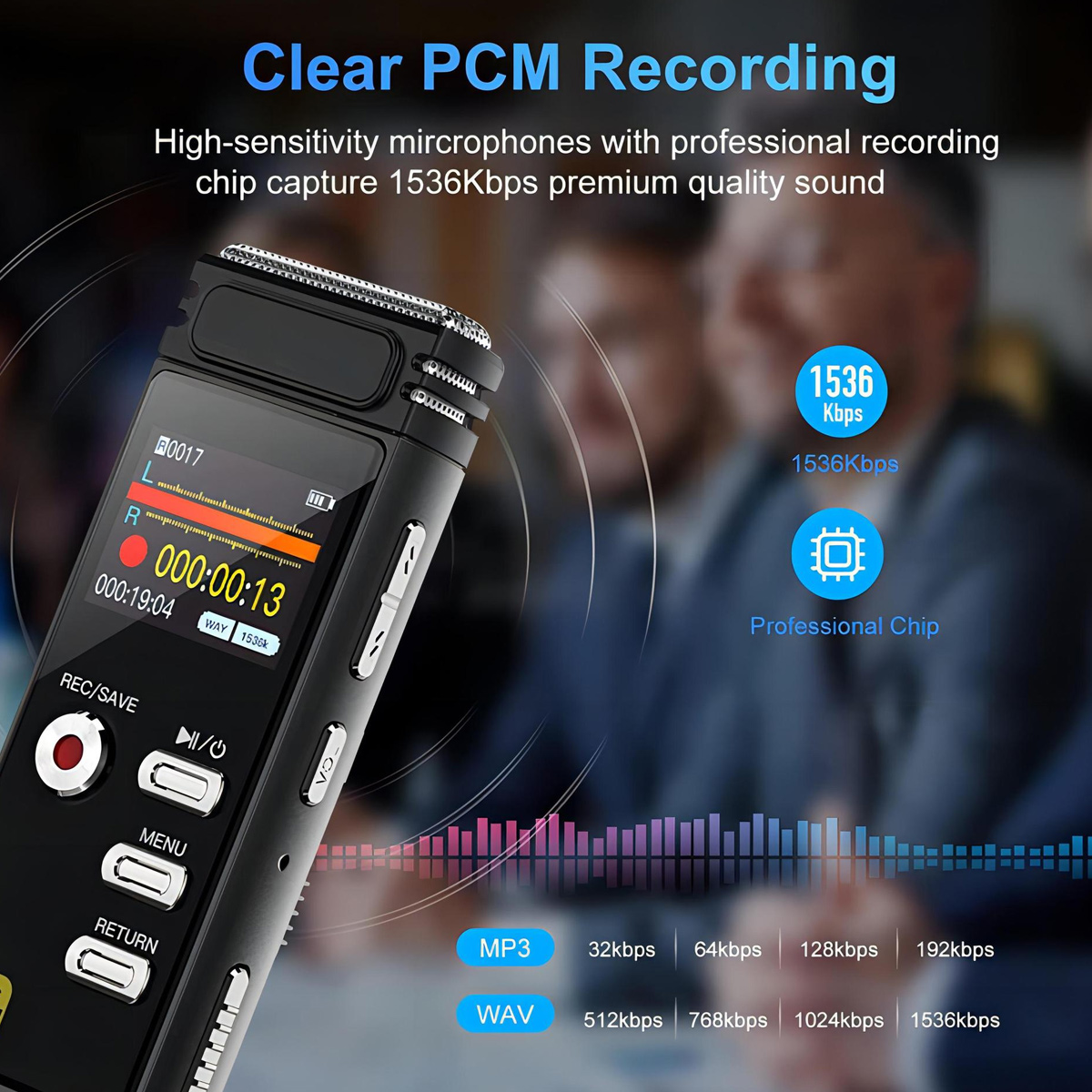 Ein schwarzes digitales Aufnahmegerät mit Bildschirm. Text zeigt klare PCM-Aufnahme und professionellen Chip.