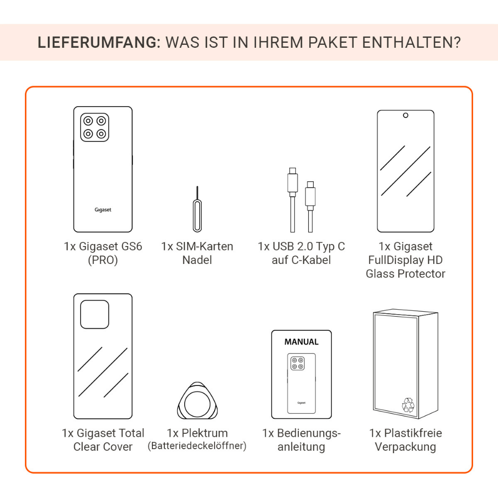 Diagramm mit Telefon, SIM-Tool, Kabel, Displayschutz, Hülle, Plektrum, Handbuch und Verpackung. Alles beschriftet.