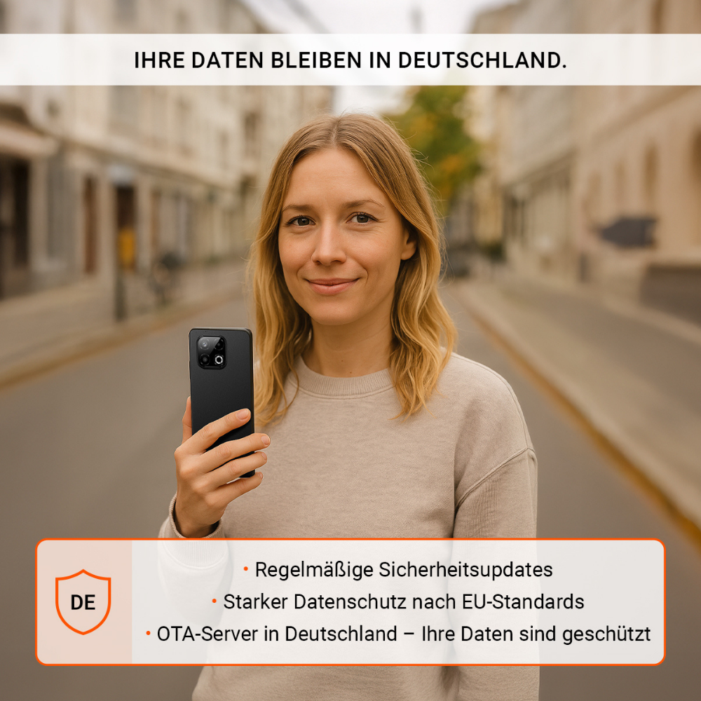 Kobieta trzyma czarny telefon, uśmiechając się. Tekst mówi: 'Twoje dane pozostają w Niemczech'. Szczegóły obejmują aktualizacje bezpieczeństwa.