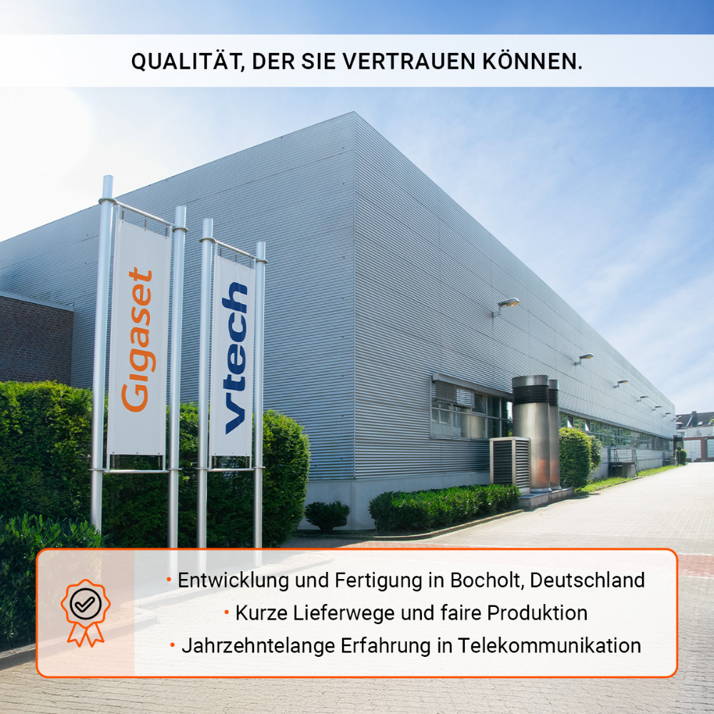 Budynek z banerami Gigaset i Vtech. Tekst: 'Jakość, której możesz zaufać'. Informacje o produkcji w Bocholt, Niemcy.