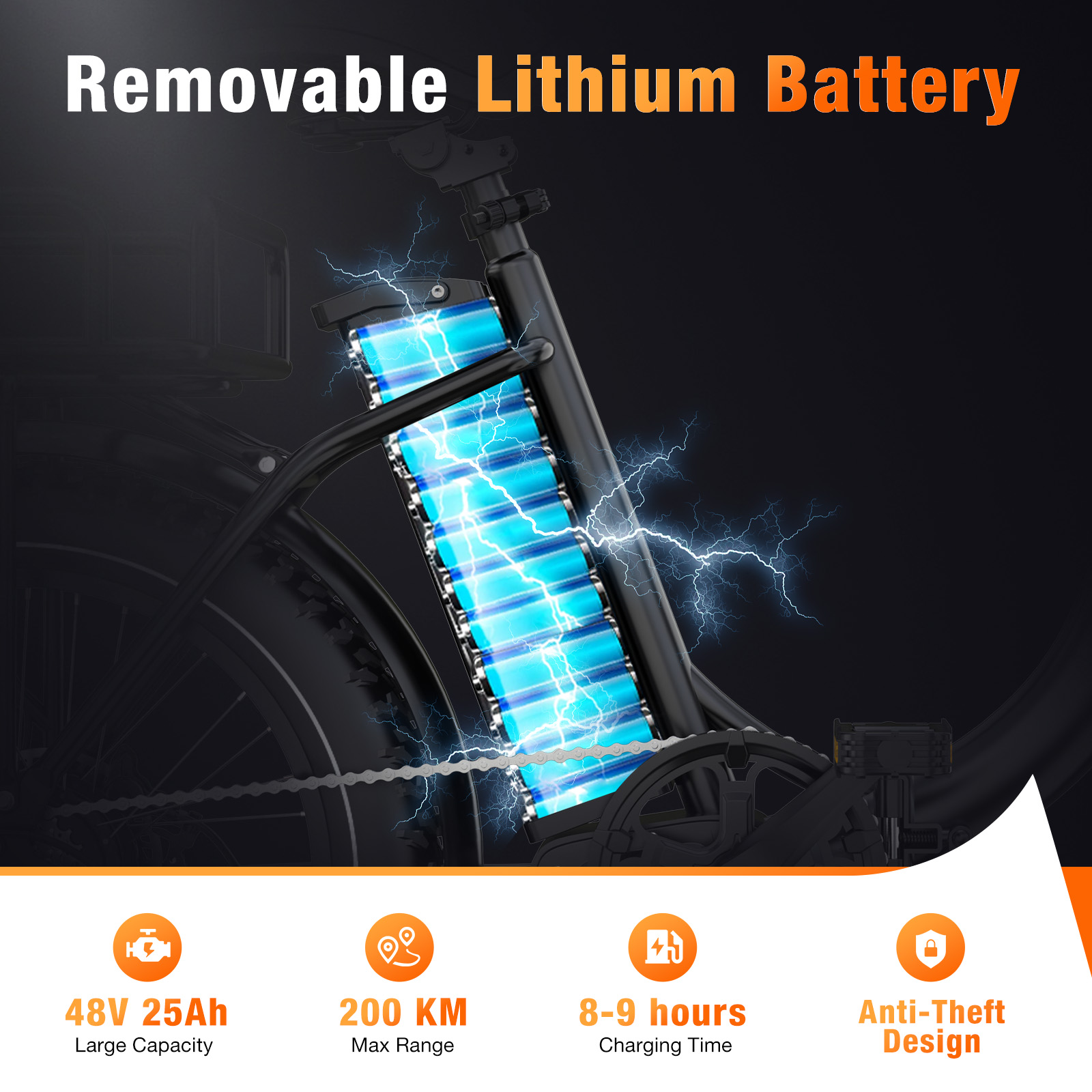 Una e-bike con batería de litio extraíble, efecto de relámpagos. Especificaciones: 48V, 25Ah, 200KM de alcance, 8-9 horas de carga, antirrobo.