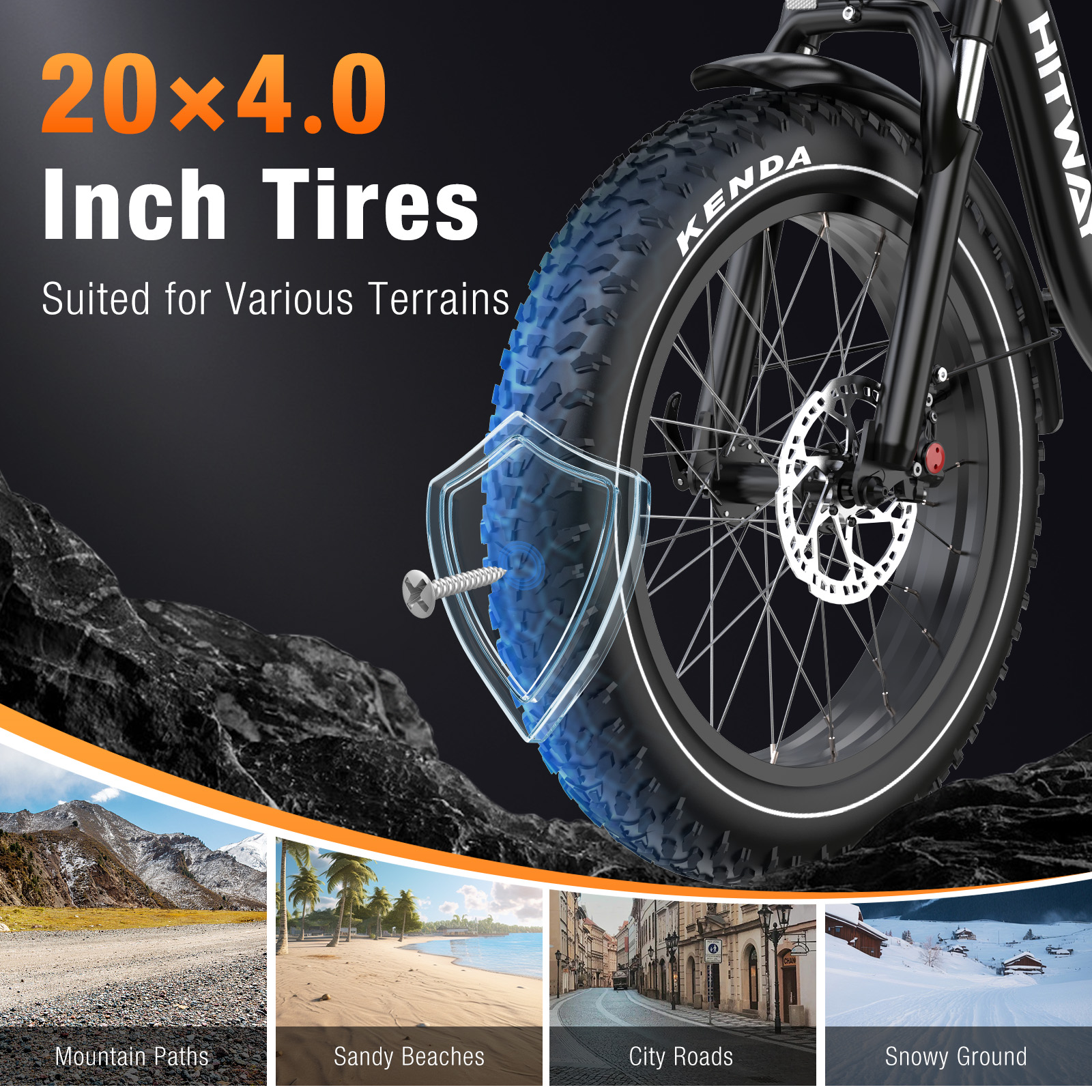 Een e-bike band met het label '20x4.0 Inch Tires', met een schild en een schroef. Scènes: berg, strand, stad, besneeuwde grond.